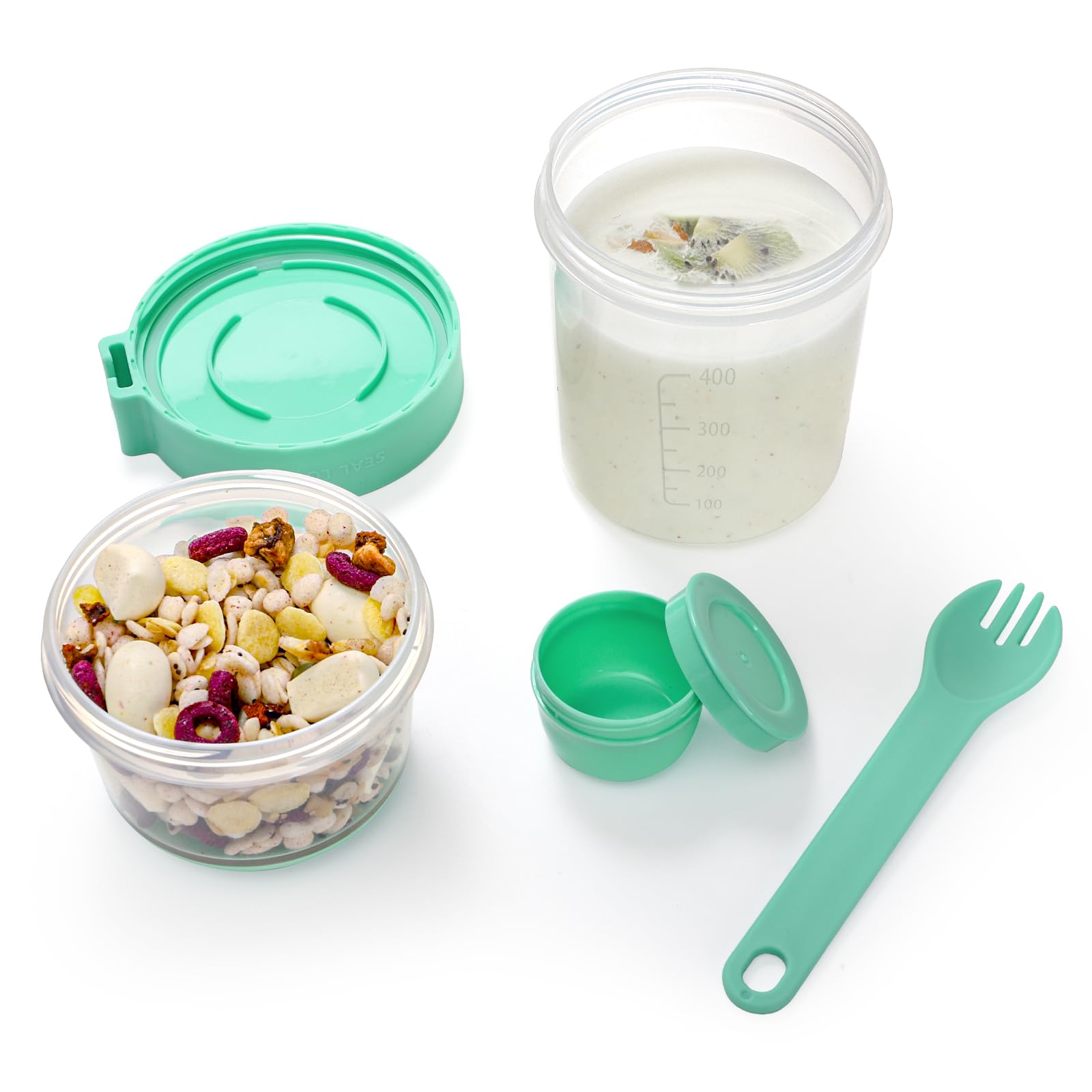 Kingrol 3 Pack 18 oz Overnight Oats Containers to Go, Large Yogurt Parfait Cups with Lid, Spork (Spoon-Fork Hybrid) & Topping Compartment, Reusable Leak-Proof Adult Meal Prep Containers