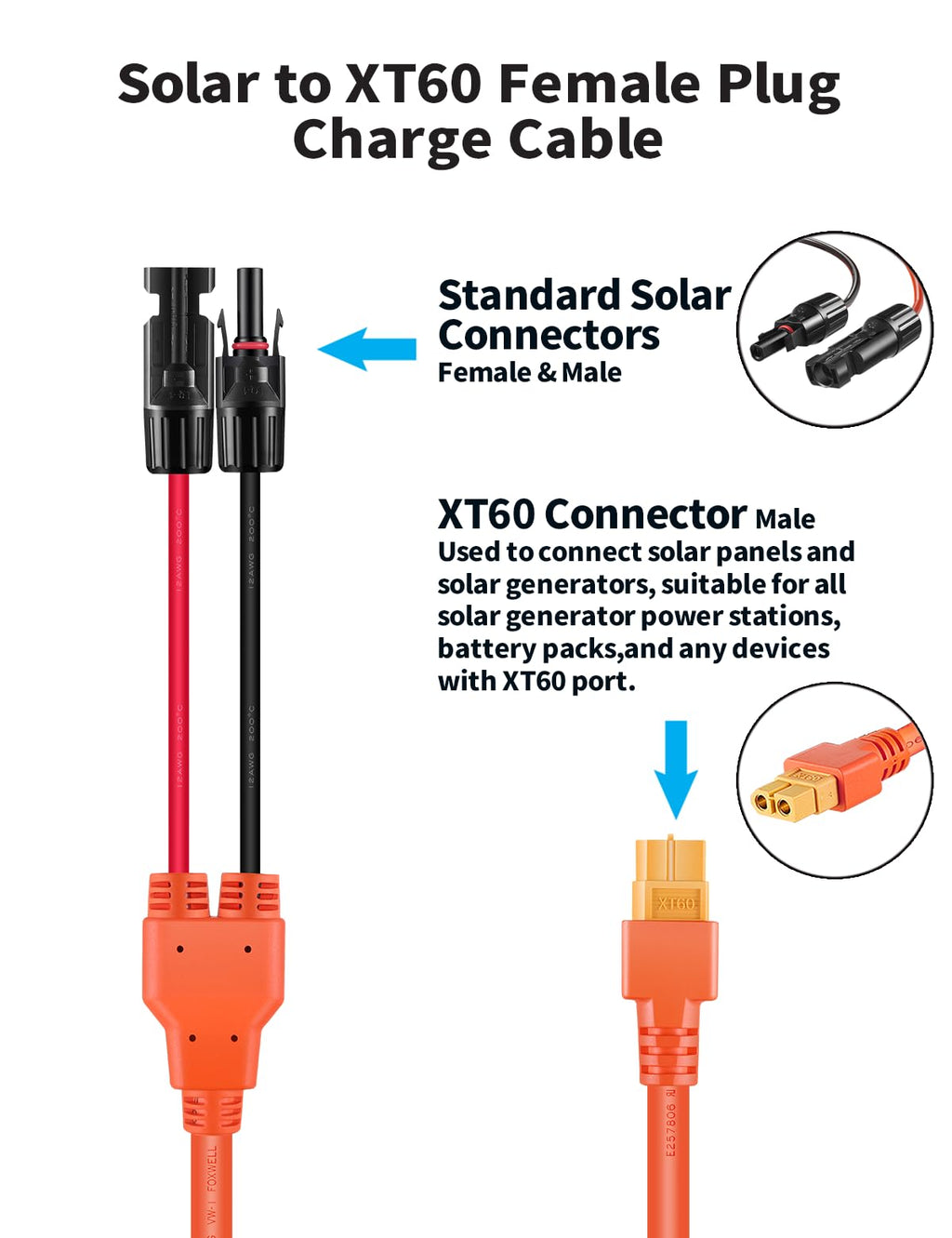 Tonton M-C-4 Solar Connector to XT60 Adapter Connector Cable, 12AWG Solar Panel Adapter for EF ECOFLOW River & Delta Series Portable Power Station, Solar Generator, RV Foldable Solar Panel (3M/10FT)
