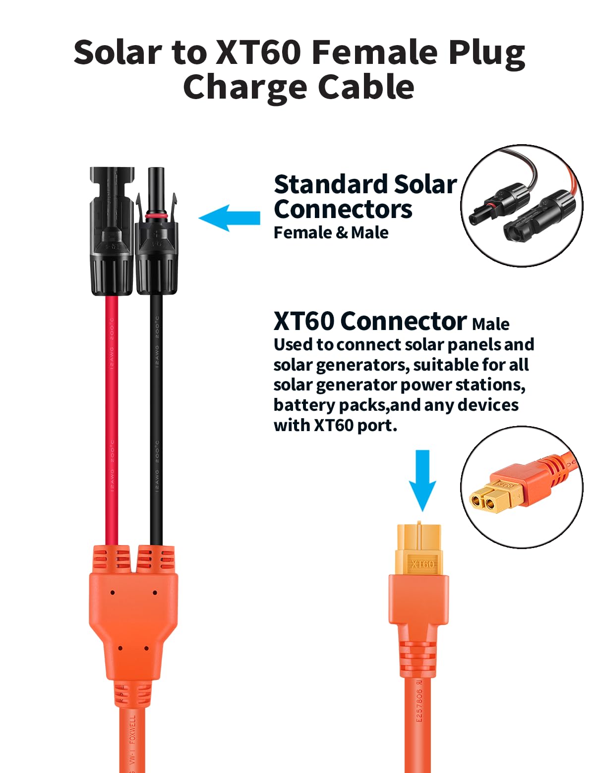 Tonton M-C-4 Solar Connector to XT60 Adapter Connector Cable, 12AWG Solar Panel Adapter for EF ECOFLOW River & Delta Series Portable Power Station, Solar Generator, RV Foldable Solar Panel (3M/10FT)