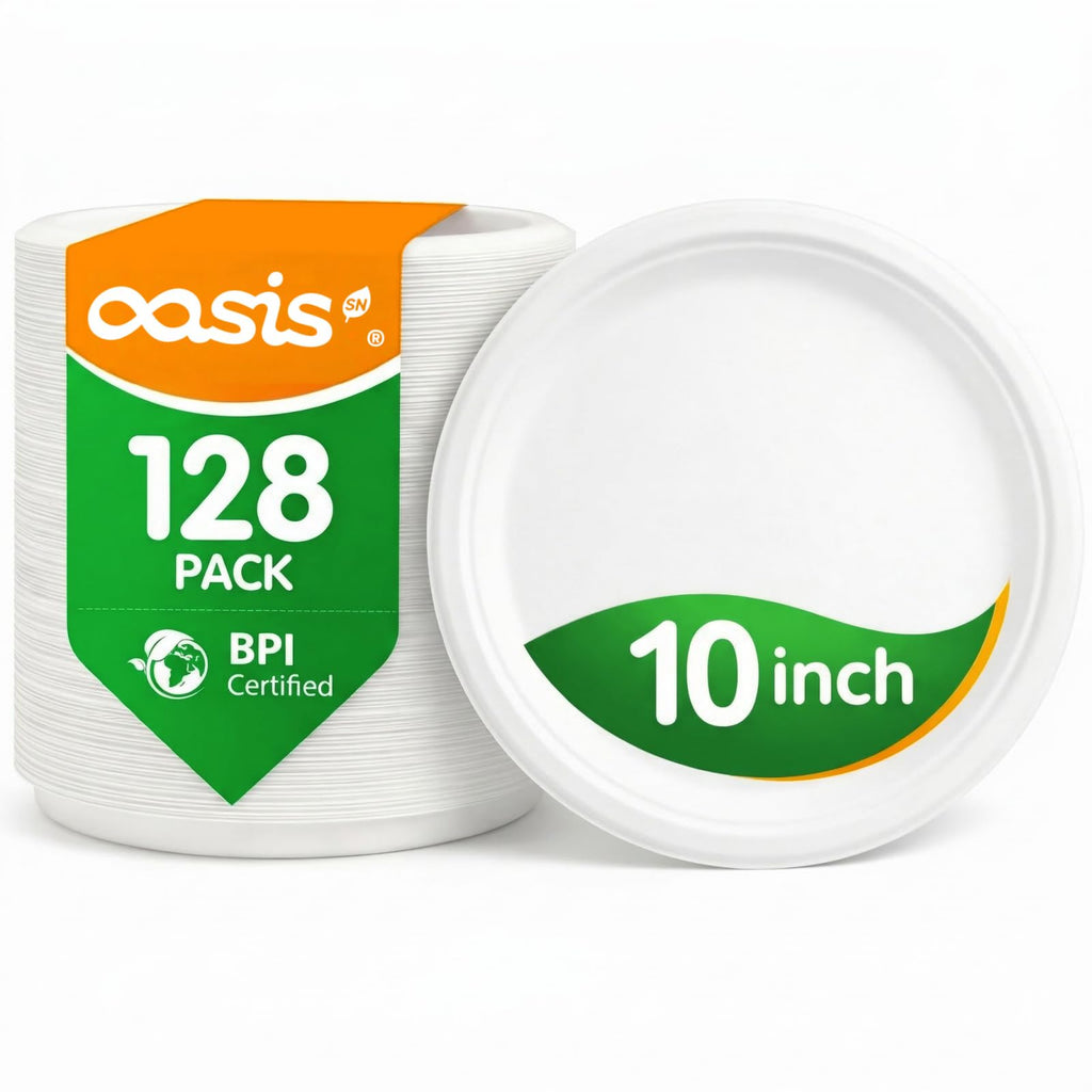 OasisSN 10 Inch 128 Pack Compostable Disposable Paper Plates, Large Round Dinner Plates, Heavy Duty Sugarcane Bagasse, Biodegradable Eco-Friendly for Parties & Daily Use, White