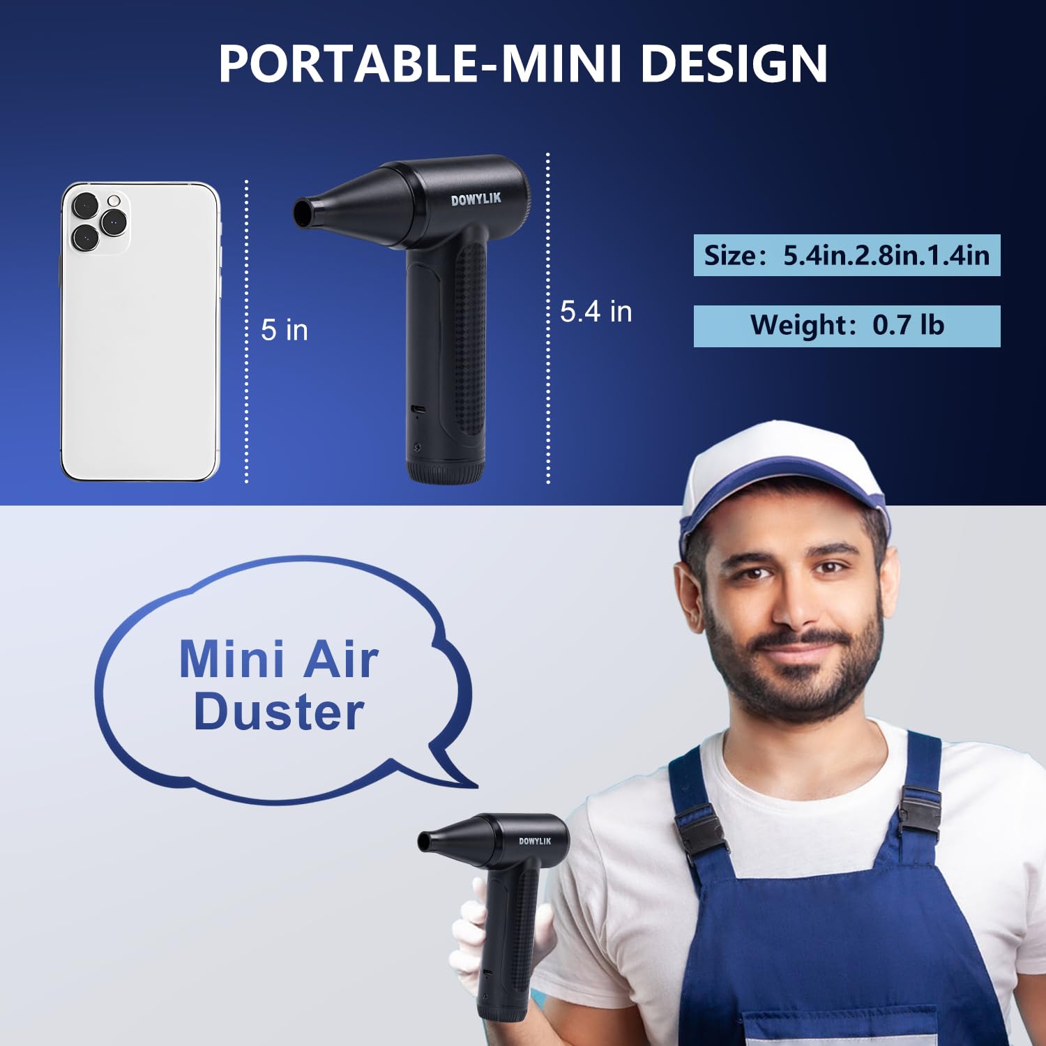 DOWYLIK Compressed Air Duster - 150000RPM Air Duster, Mini Air Blower with Brushless Motor, Rotationg Speed Electric Air Duster, Rechargeable Compressed Air for Keyboard, Electronics, Car, Computer