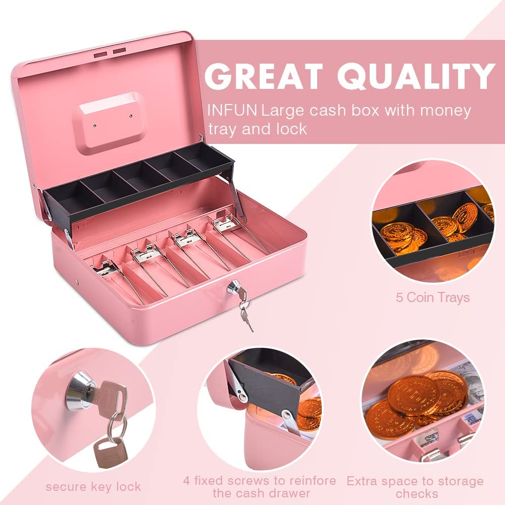 Cash Box with Lock and Money Tray - Tomekji Durable Metal Large Money Box 11.8"L x 9.5"W x 3.5"H - 5 Compartment Tray 4 Spring Loaded, Come with 2 Key, Pink