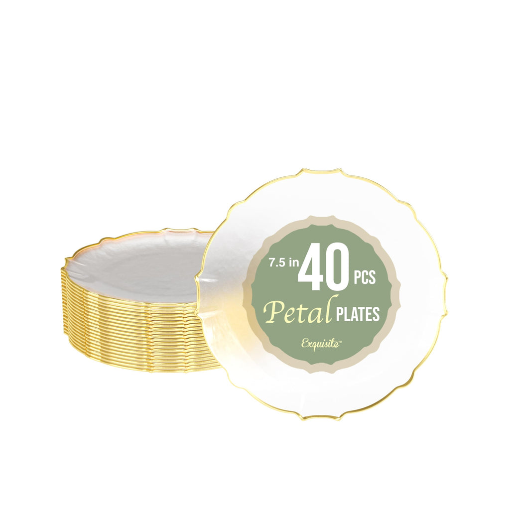 Exquisite Elegant 40 pcs Dinner Plates - 7.5 inch Gold Rimmed Plastic Dessert Plates - Fancy, Clear, Disposable for Parties