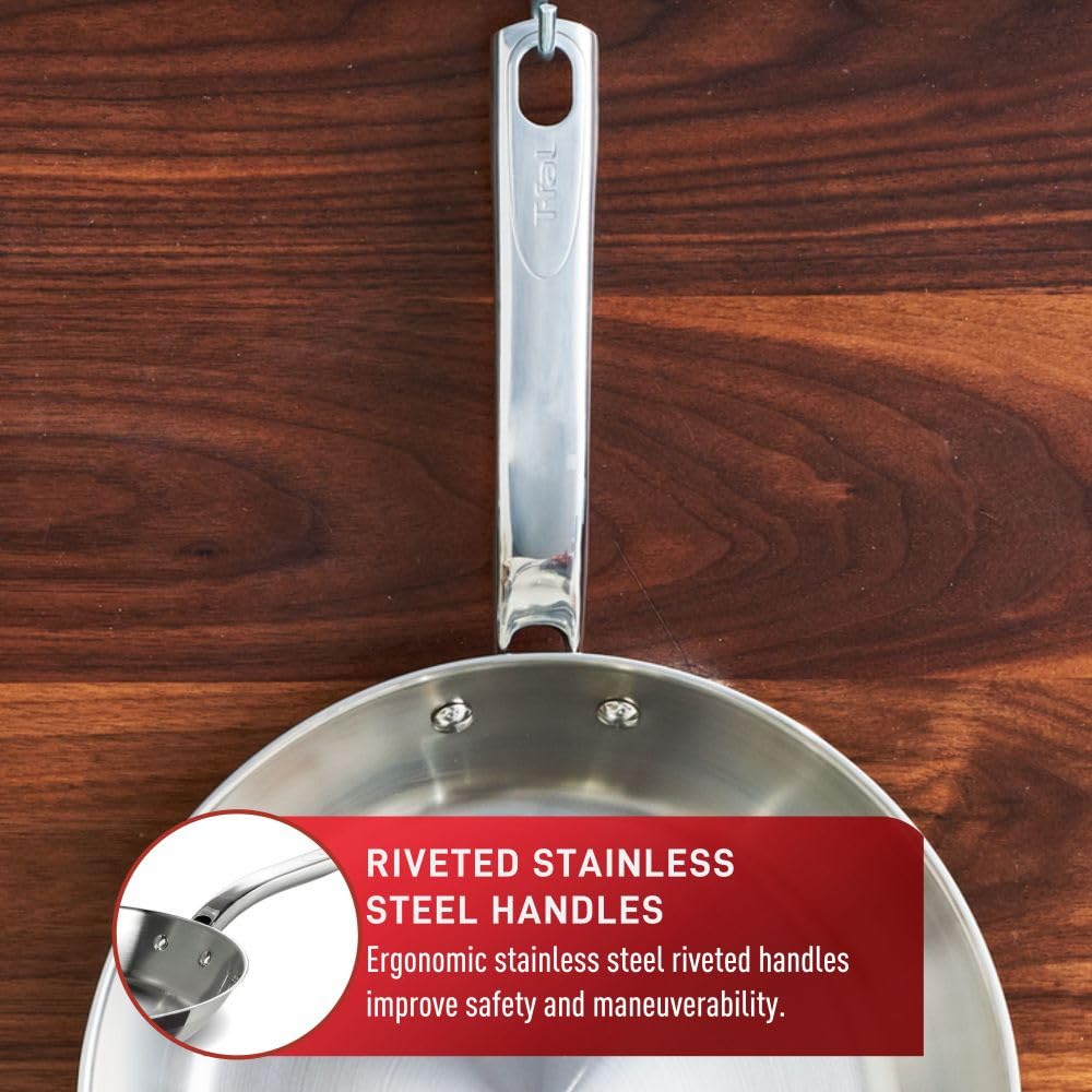 T-FAL Stainless, Frypan Skillet,30 cm, Premium Grade 18/10 Stainless Steel, Encapsulated Base, with Interior Measuring Marks, Induction Safe, Oven-Safe up to 500˚F, Silver