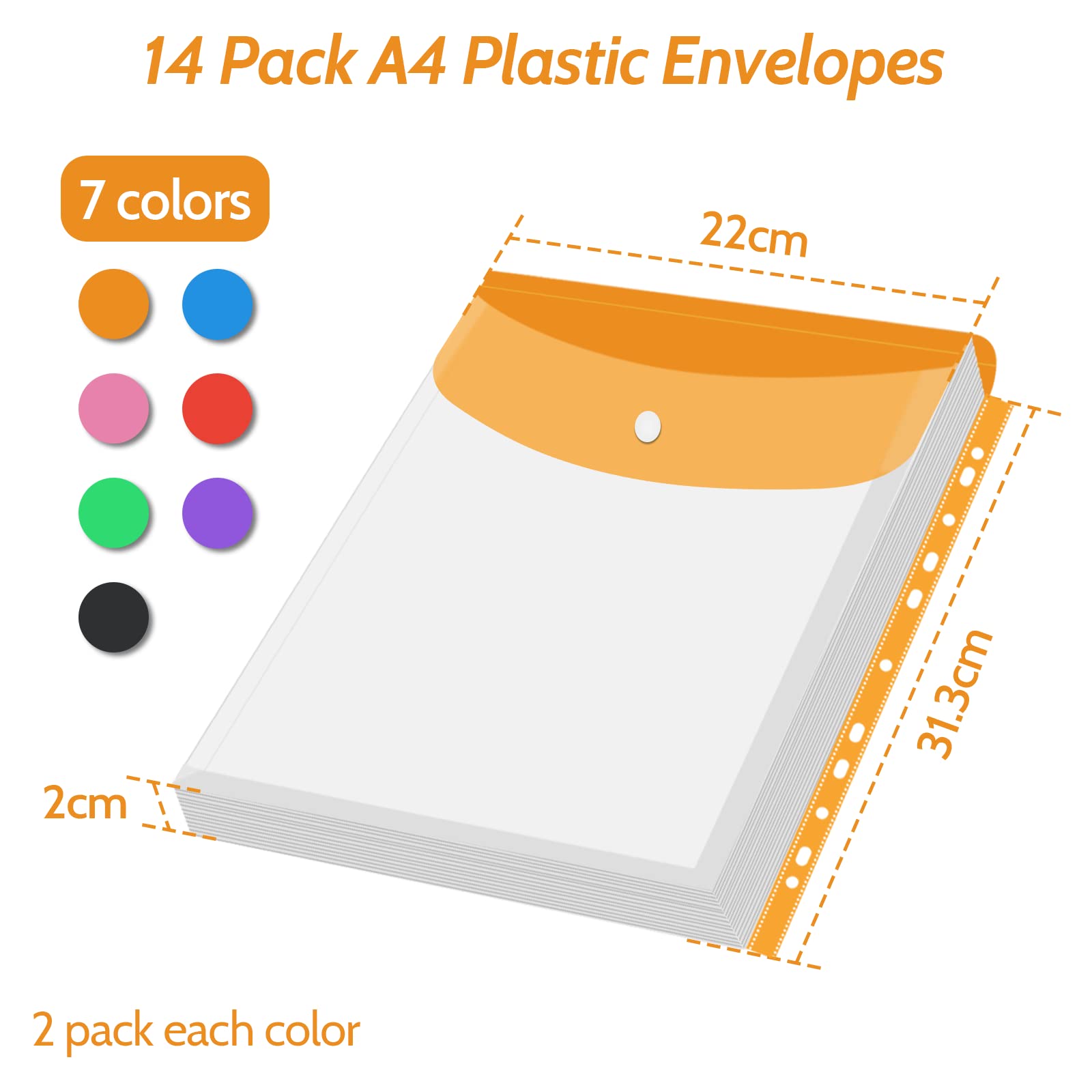 Plastic File Folders,Plastic Wallets Folder,14 Pack Plastic Wallets A4 Expandable Punched Pockets,A4 Folders Wallets Plastic Document Files Popper Wallets with Button Closure and Label Pocket,7 Colors