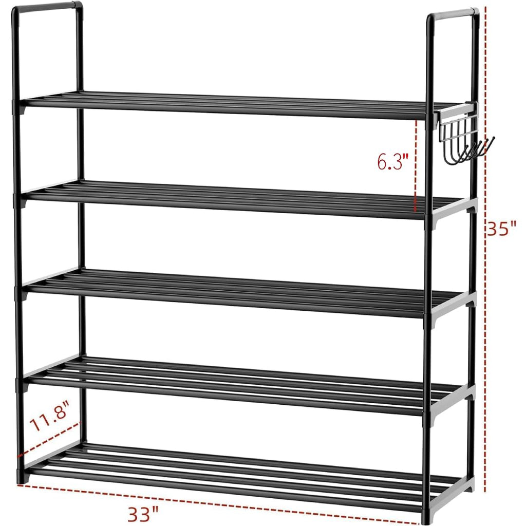 HOMICKER Shoe Rack,5 Tier Shoe Organizer Large Shoe Storage with Hooks,Fit 20-25 Pairs Shoes,Mental Shoe Shelf for Closet,Entryway,Garage,Bedroom
