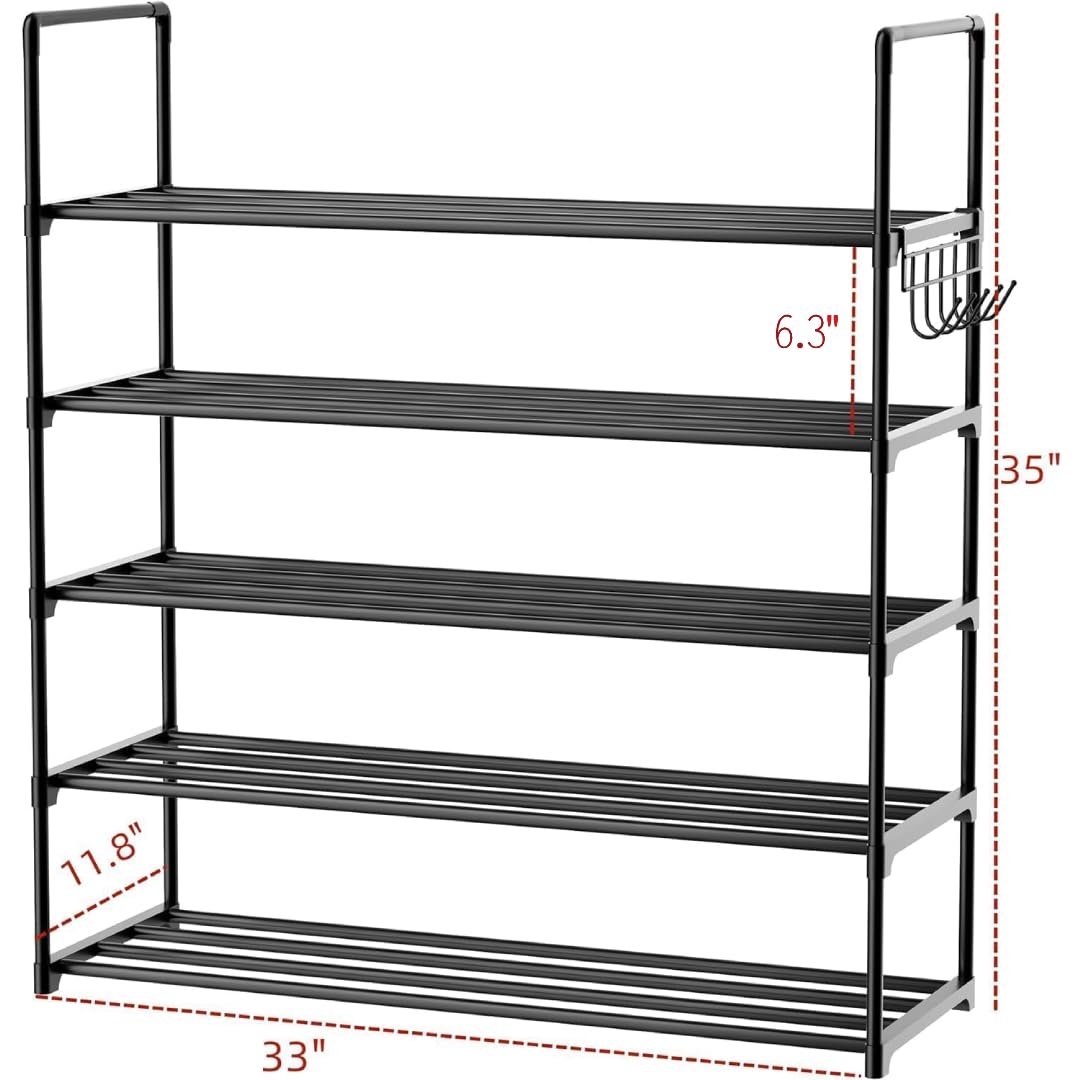 HOMICKER Shoe Rack,5 Tier Shoe Organizer Large Shoe Storage with Hooks,Fit 20-25 Pairs Shoes,Mental Shoe Shelf for Closet,Entryway,Garage,Bedroom