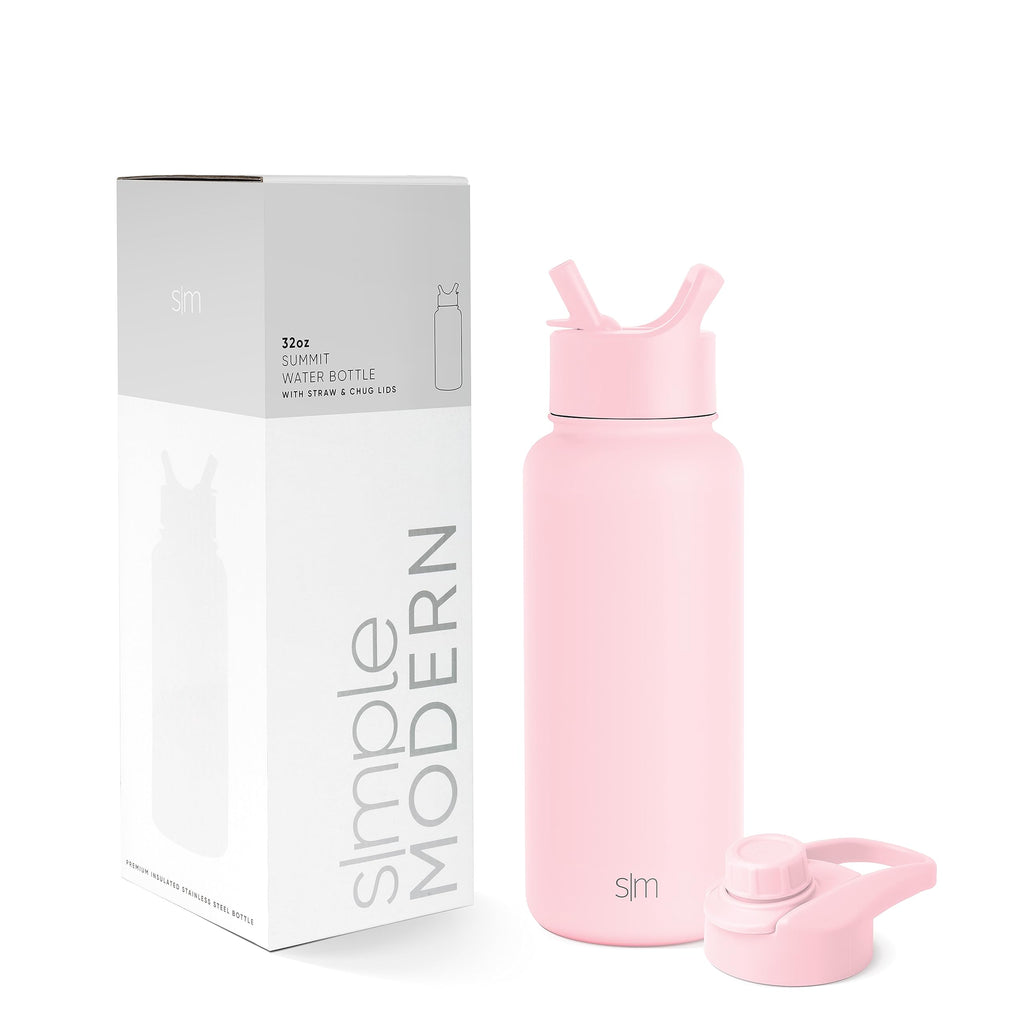 Simple Modern Water Bottle with Straw and Chug Lid Vacuum Insulated Stainless Steel Metal Bottles | Reusable Leak Proof BPA-Free Flask for Sports Gym | Summit Collection | 32oz, Blush