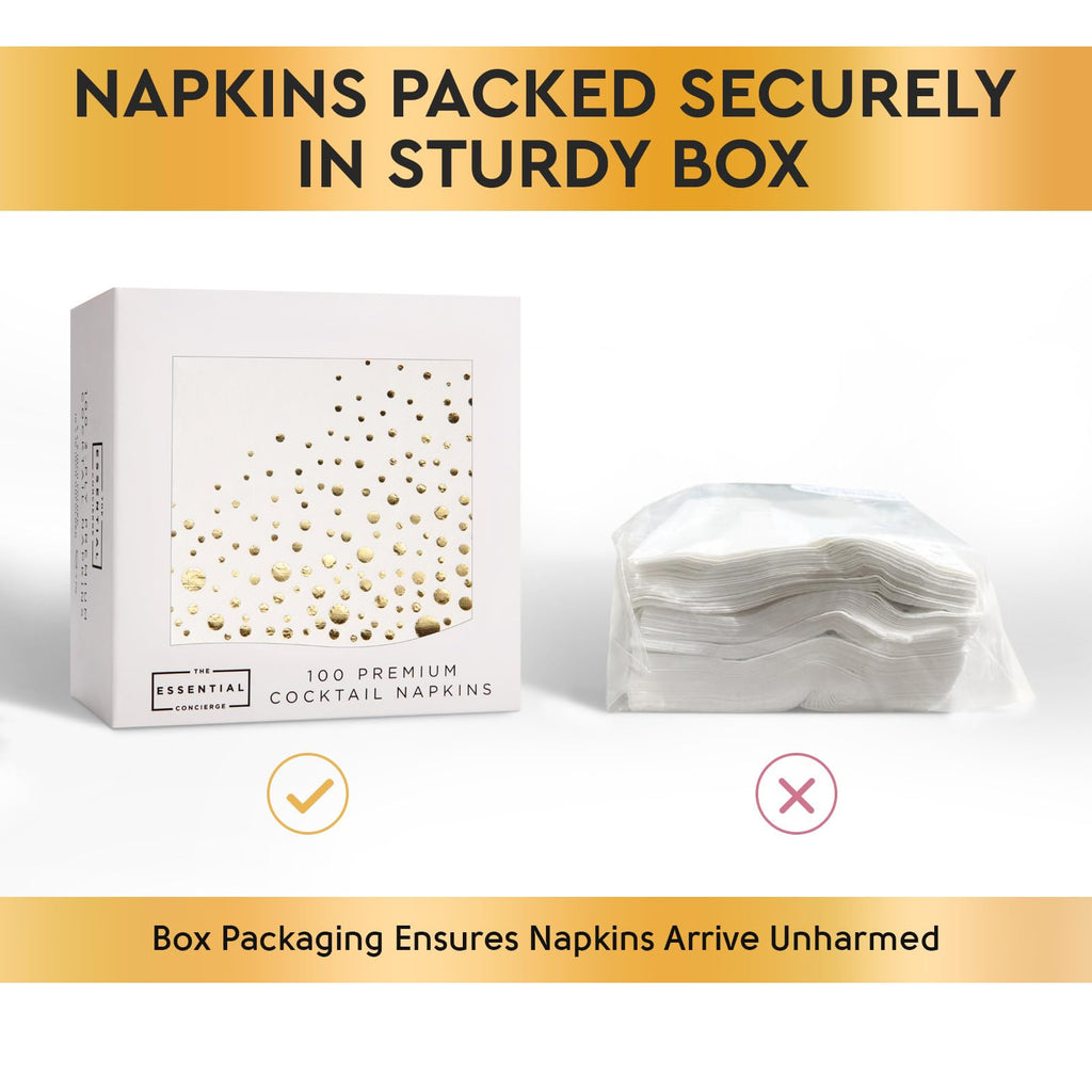 Stylish Gold Cocktail Napkins, 100 Holiday Cocktail Napkins, Paper Christmas Cocktail Napkins, 3-Ply White and Gold Napkins, 5 x 5 Inch Gold Party Napkins, Disposable Gold Napkins, Dessert Napkins
