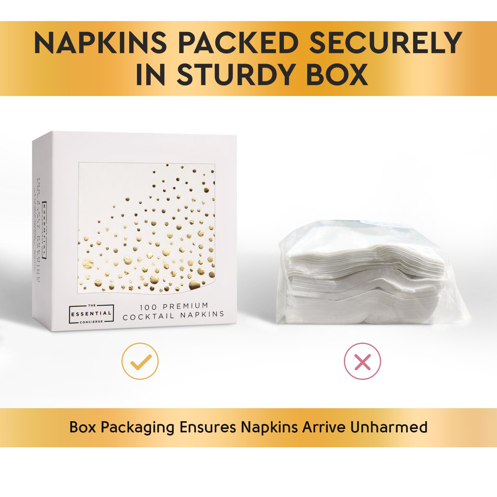Stylish Gold Cocktail Napkins, 100 Holiday Cocktail Napkins, Paper Christmas Cocktail Napkins, 3-Ply White and Gold Napkins, 5 x 5 Inch Gold Party Napkins, Disposable Gold Napkins, Dessert Napkins