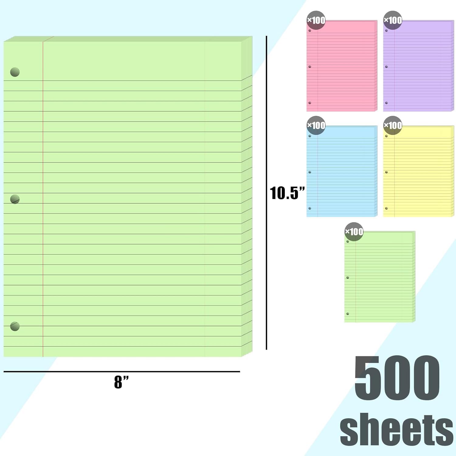 Koogel 500 Sheets Colored Filler Paper, 5 Colors 8 x 10-1/2 Inch Wide Ruled, 3-Hole Punched, Loose Leaf Notebook Paper for 3 Ring Binders, for Students & Office, School Supplies