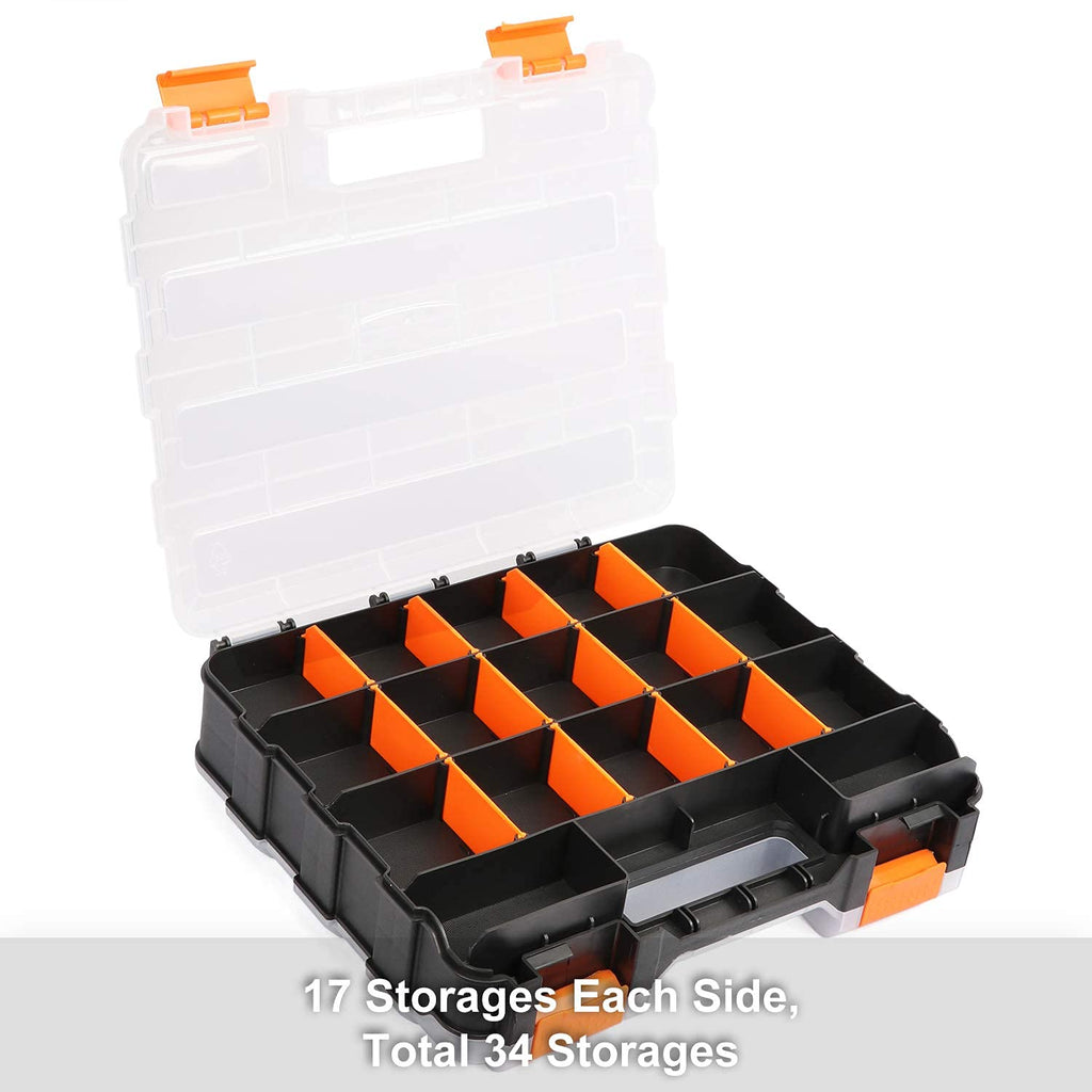Makitoyo Double Side Tools Organizer, Customizable Removable Plastic Dividers, Hardware Box Storage, Excellent for Screws,Nuts,Small Parts, 34-Compartment, Black/Orange