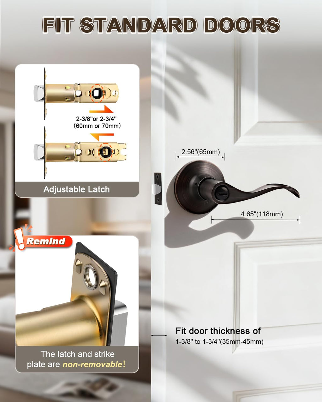 GOBEKOR 1 Pack Oil Rubbed Bronze Privacy Door Lever Wave Style, Keyless Stainless Steel Door Handle Interior Use, Bath/Bed Door Lock (Thumb Turn, No Key),Reversible for Right or Left Side