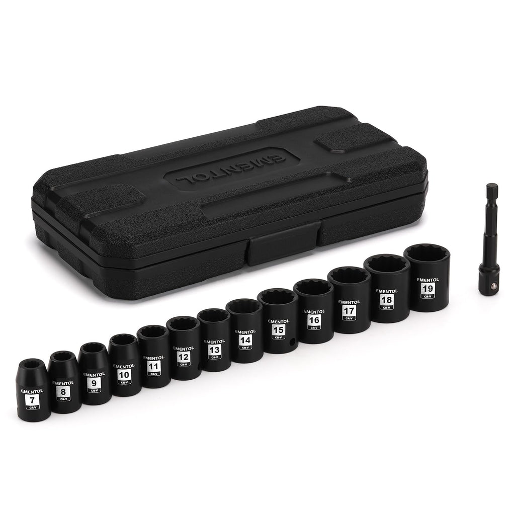 EMENTOL 14PCS 3/8" Dr. Standard Impact Socket Set, Metric, 12-Point, CR-V, 14 Pieces 3/8-Inch Drive Shallow Socket Set, 7mm - 19mm
