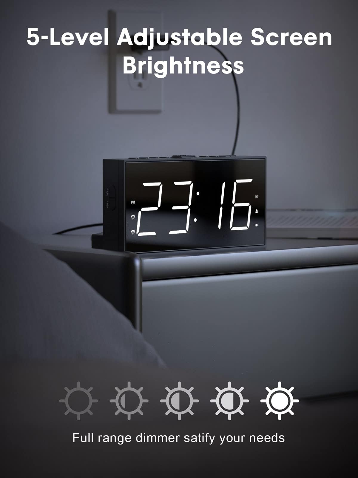 ROCAM Alarm Clock for Heavy Sleepers, Vibrating Alarm Clock with Bed Shaker Dual Alarms, 7.5" Large LED Display with 5 Brightness Dimmer, Alarm Clocks for Bedrooms, Deaf People