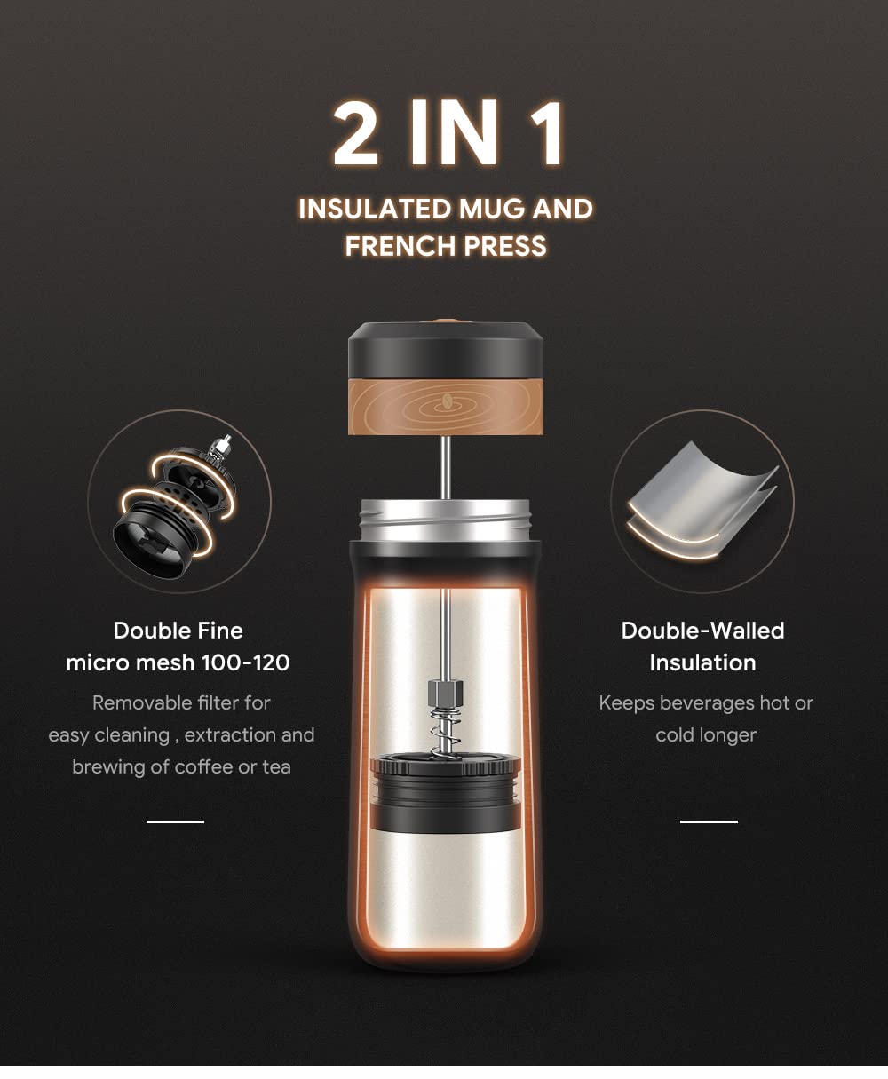 HAILASRE Portable French Press Coffee Maker Travel French Coffee Maker Stainless Steel Coffee Mug 12 oz Double Mesh Filter Great for Camping and Traveling