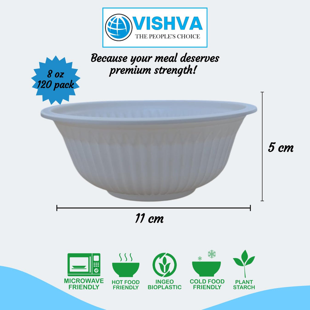 VISHVA [Canadian Brand] 8 oz Disposable Bowls [120-Pack] – Premium Heavy-Duty Serving Bowls, White Eco-Friendly Portion Bowls Made from Corn & Plant-Based Materials, Stronger Than Standard Paper Bowls