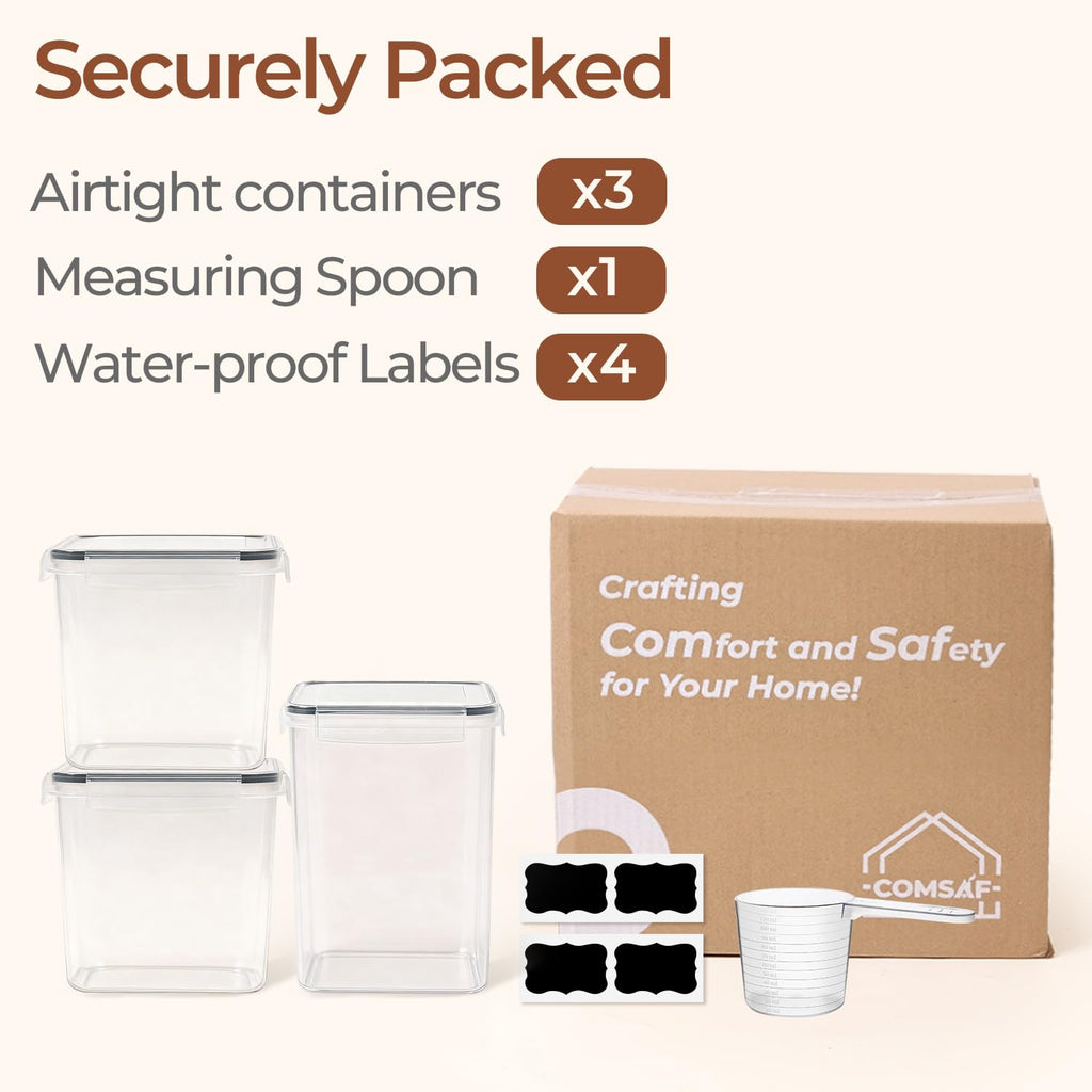 ComSaf Flour Storage Containers Set of 3 (5.2L/5.5Qt) (2.5L/2.6Qt*2), Large Airtight Food Storage Containers with Lids, Plastic Canisters Sets for Kitchen, Pantry Organizers for Rice Cereal and Baking