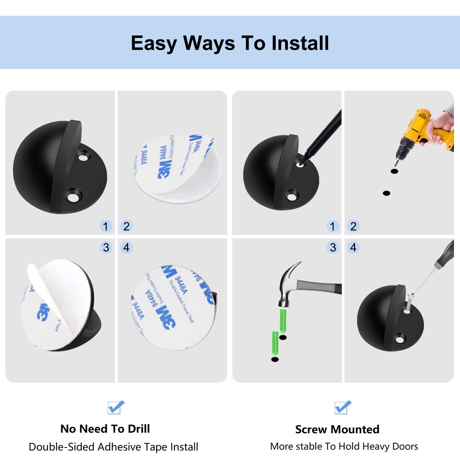 6 Pack Door Stoppers Self Adhesive Floor Door Stop No Drill Black Rubber Bumper Doorstop Wall Protector, Stainless Steel Dome Shaped