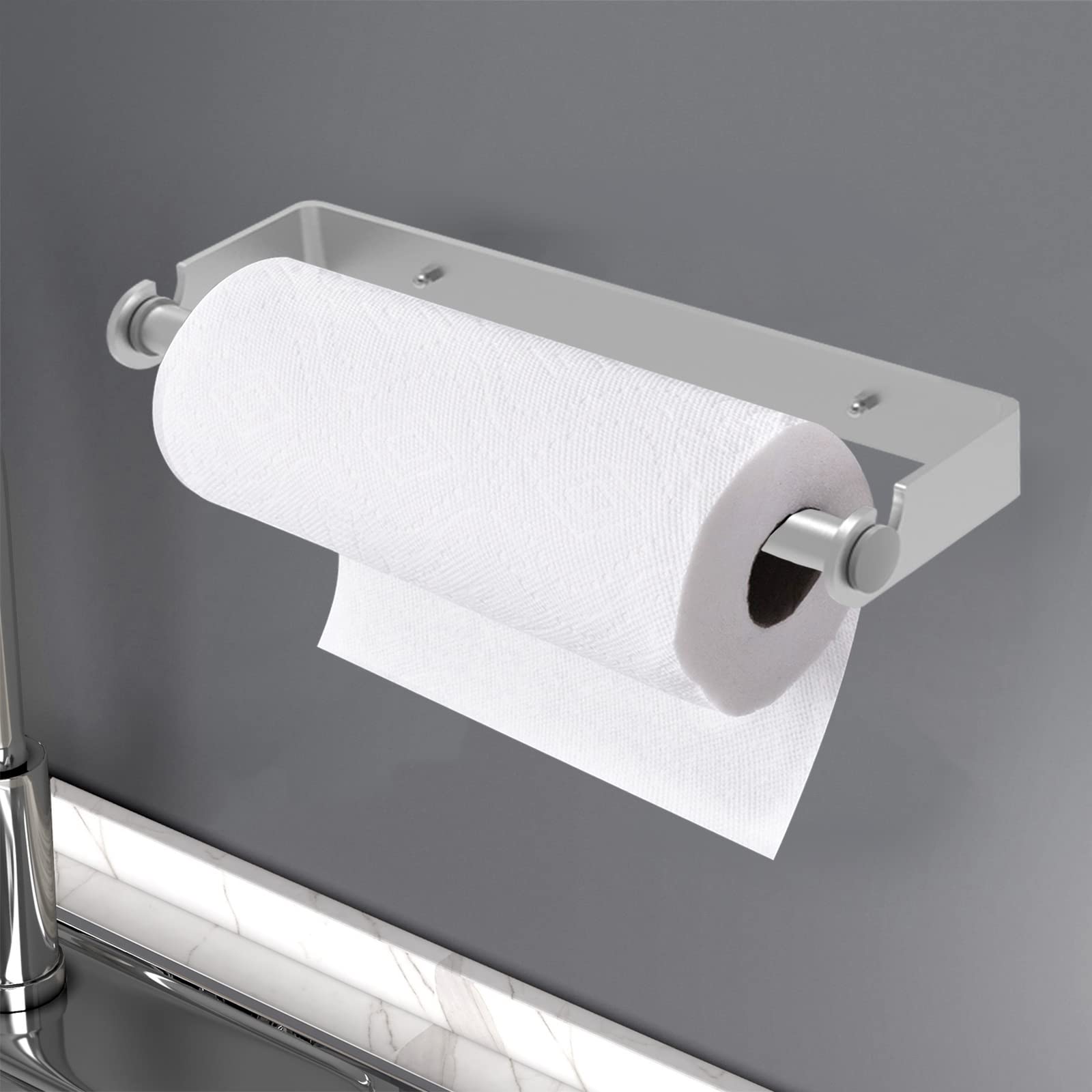 HUFEEOH Silver Adhesive Paper Towel Holder, Wall Mounted Paper Towel Roll Holder Kitchen Paper Holder Napkin Roll Holder Under The Cabinet, Adhesive or Screw