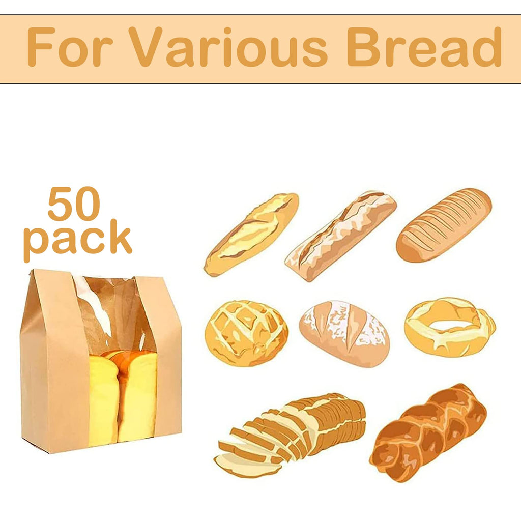 50 Pack Paper Bread Bags with Window Kraft Paper Bakery Bags Loaf Bread Bags for Homemade Bread Paper Bread Bags for Sourdough with Label Seal Stickers (11.8x8.2x3.5 inch)