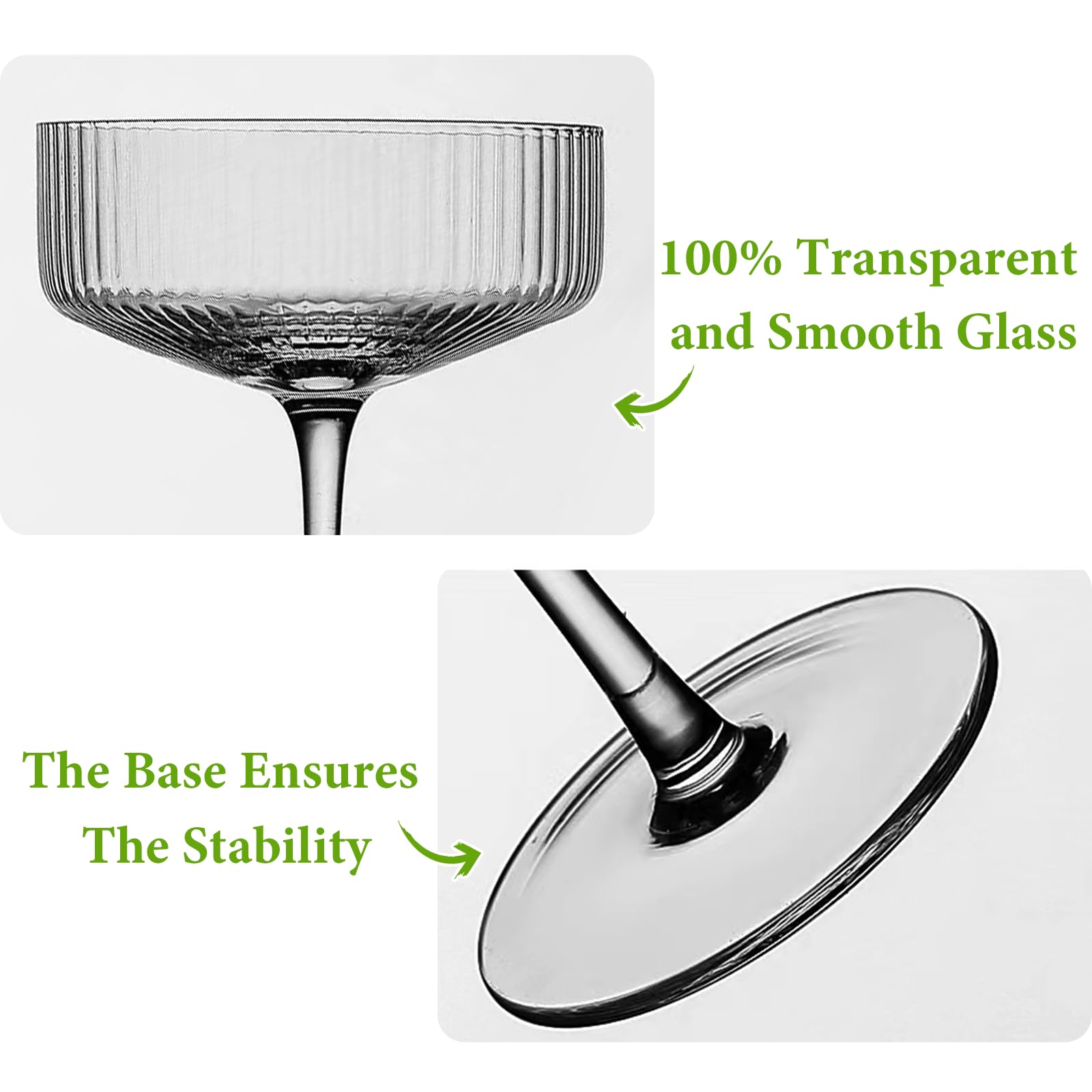 Qipecedm 4 Pcs Ribbed Coupe Glasses, 10 oz Vintage Cocktail Glassware Set, Unique Martini Glass, Classic Bar Drinking Glasses Perfect for Wine, Champagne & Gift