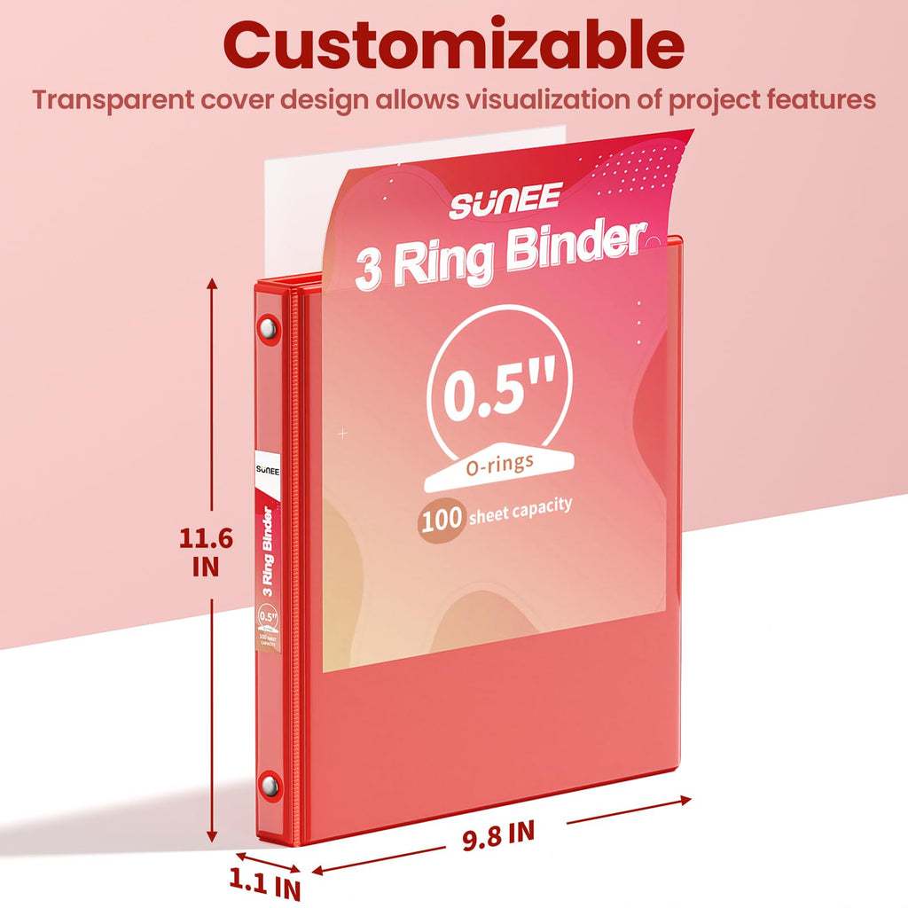 SUNEE 1/2 Inch Binders 3 Ring 6 Pack, 3 Ring Binders Half Inch Clear View PVC-Free (Fit 8.5x11 Inches) for School Binder or Office Binder Supplies, Classic 6 Colors