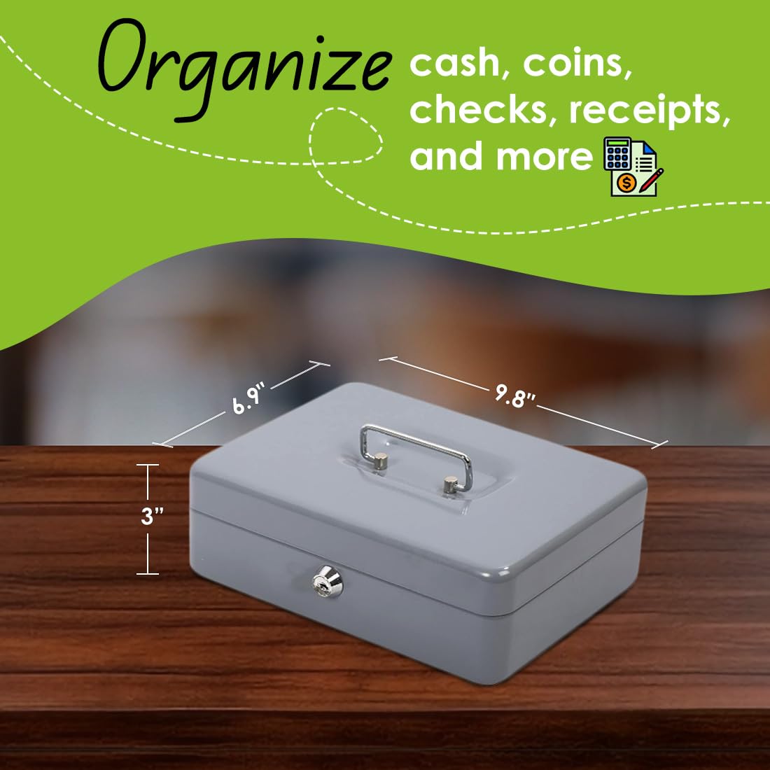 Desk Tech Heavy-Duty Metal Cash Box with Lock, 8-Slot Removable Tray, Portable Safe Box for Office Desk, School, Small Business, and Yard Sale, 9.8” L x 6.9” W x 3” H, Gray