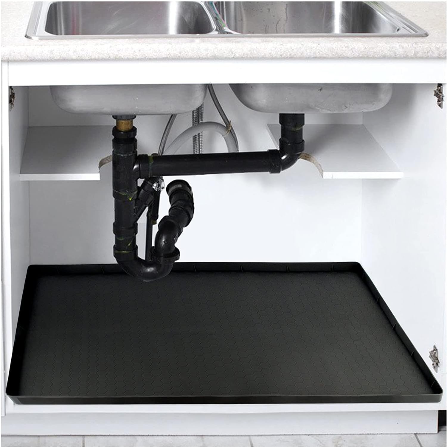 CATECASE Under Sink Kitchen Cabinet Mat, Under Sink Mats for Kitchen Waterproof Cabinet Protector & Drip Tray Liner, 34" x 22", Flexible Waterproof Silicone Made (Black)