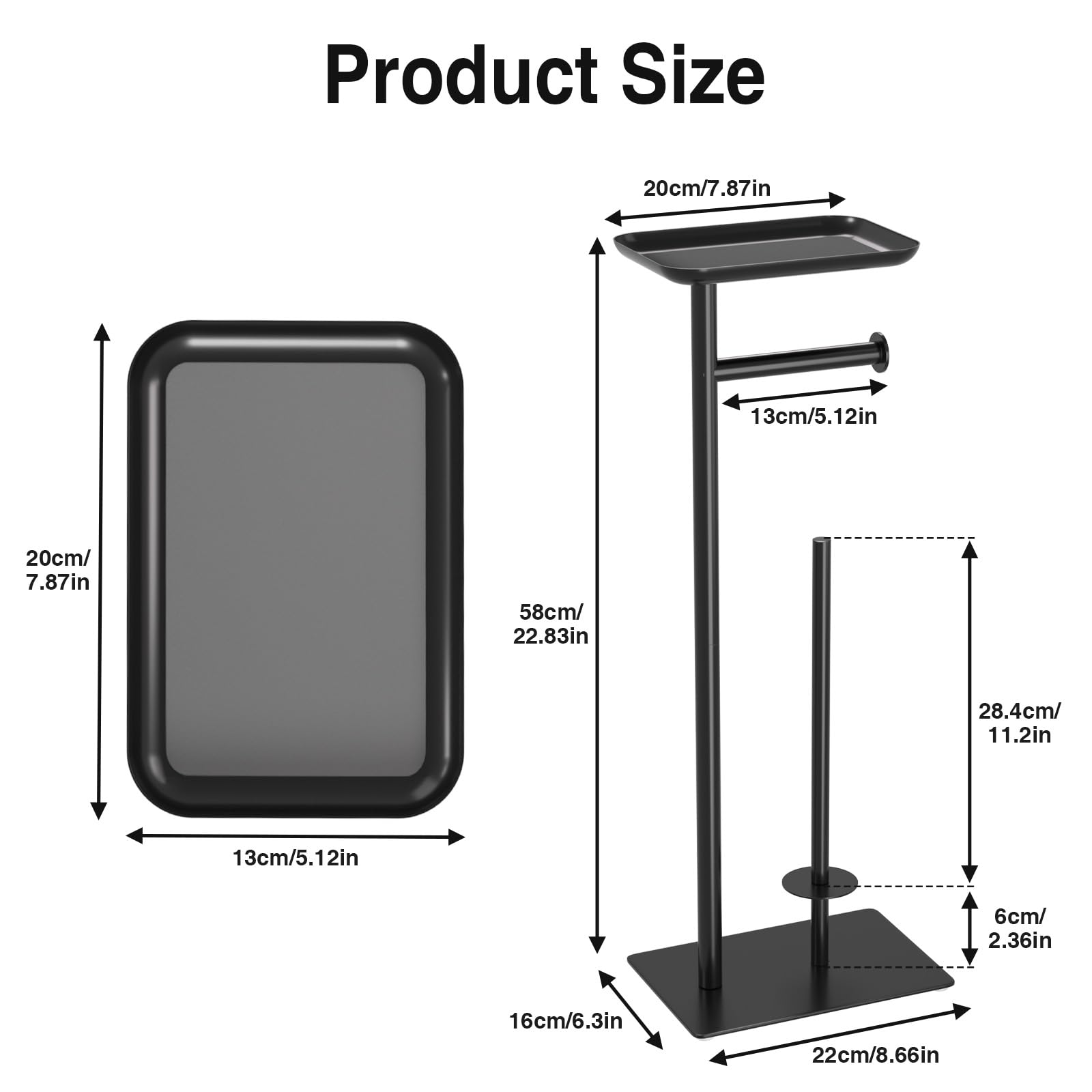 Toilet Paper Holder Stand with Top Storage Shelf, Matte Black Toilet Paper Roll Holder Free Standing, Floor Standing Toilet Roll Dispenser Storages 4 Reserve Rolls CAA75B5568