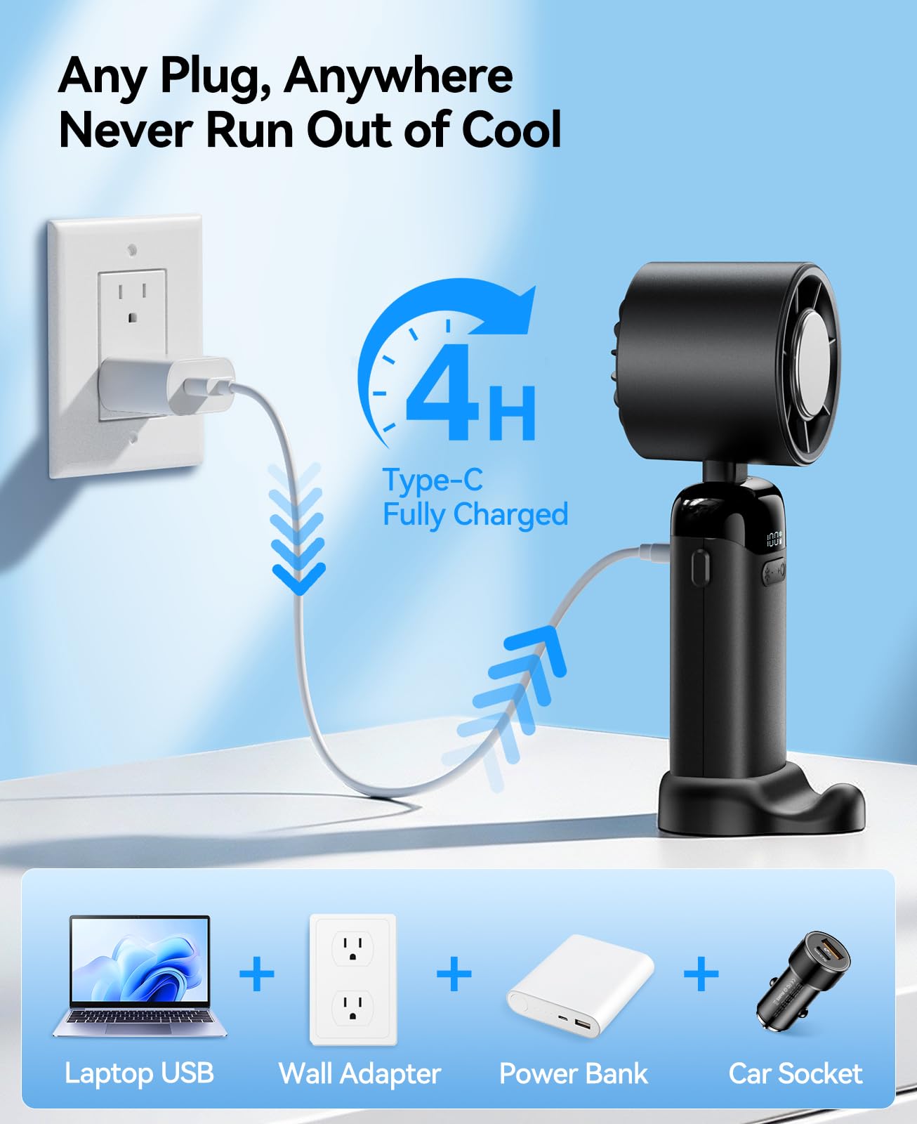 KIMMOO Portable Handheld Turbo Fan with Ice Cooler, Powerful 21000 RPM, Speed (1-199), Up to 14Hrs Cooling, Rechargeable Personal Fan (Black)