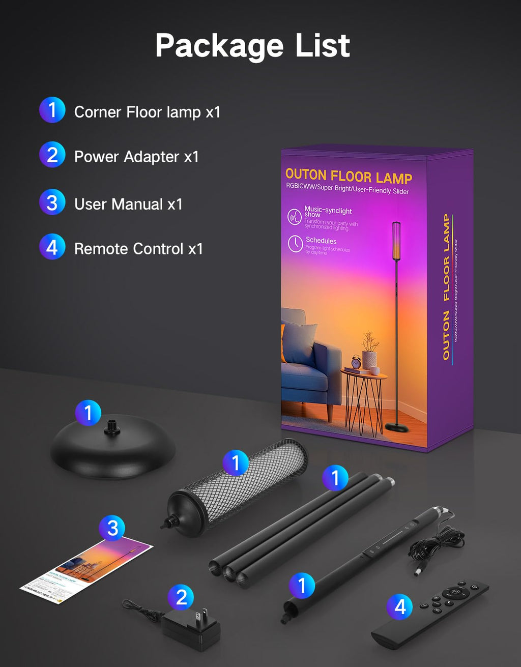 OUTON Bright Smart Floor Lamp with Remote, App & Touch Control, RGB Color Changing Standing Lamp, 2200K-6500K Dimmable, 3 Adjustable Heights, 32 Scenes for Living Room Bedroom Office,Black & Metal