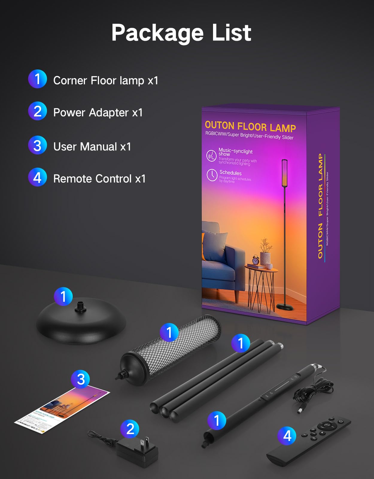 OUTON Bright Smart Floor Lamp with Remote, App & Touch Control, RGB Color Changing Standing Lamp, 2200K-6500K Dimmable, 3 Adjustable Heights, 32 Scenes for Living Room Bedroom Office,Black & Metal