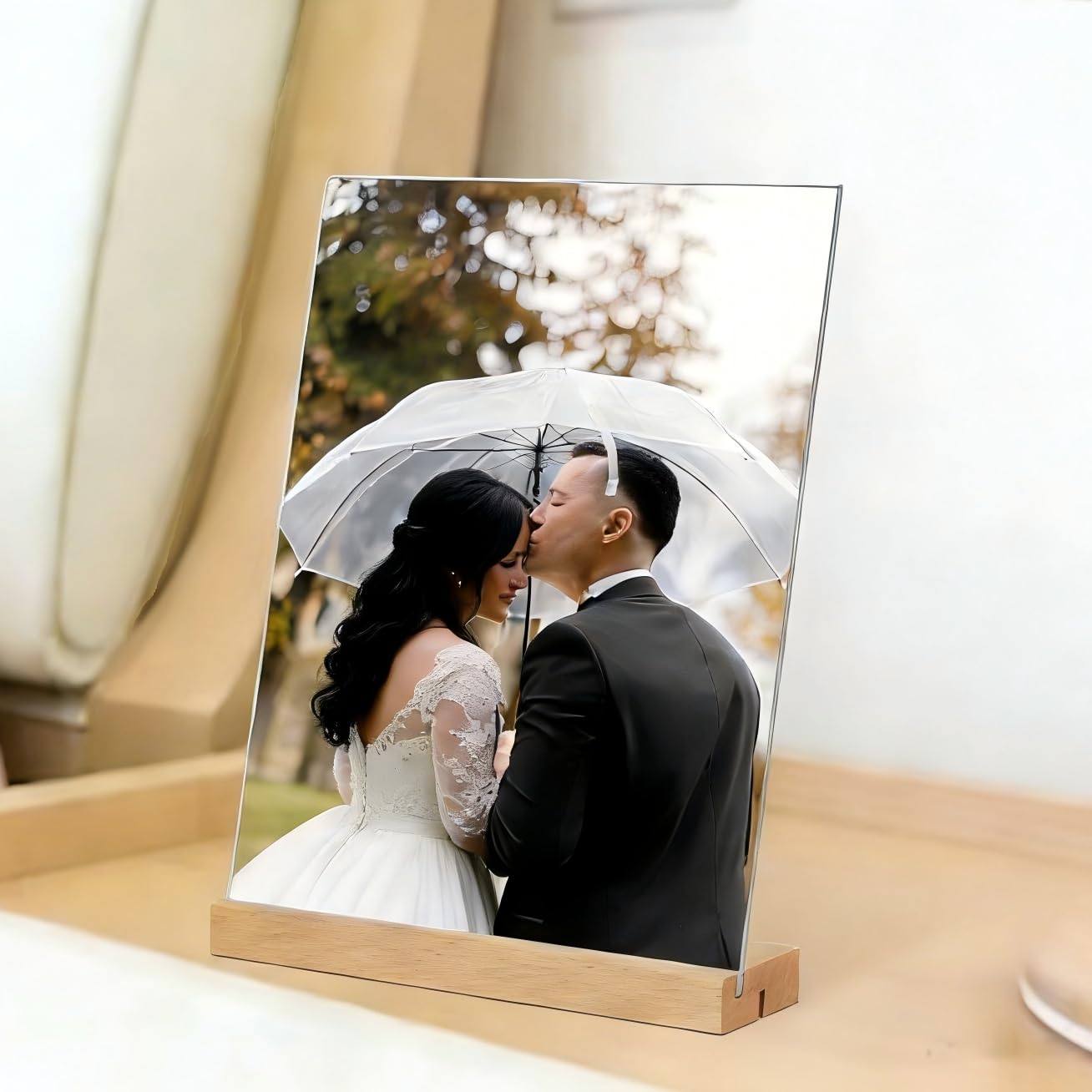 TONICE 5x7 Acrylic Sign Holder with Wood Base 3 Pack L/T Shape Vertical or Slant Back Display for Wedding, Restaurant, Store, Office, Hotel