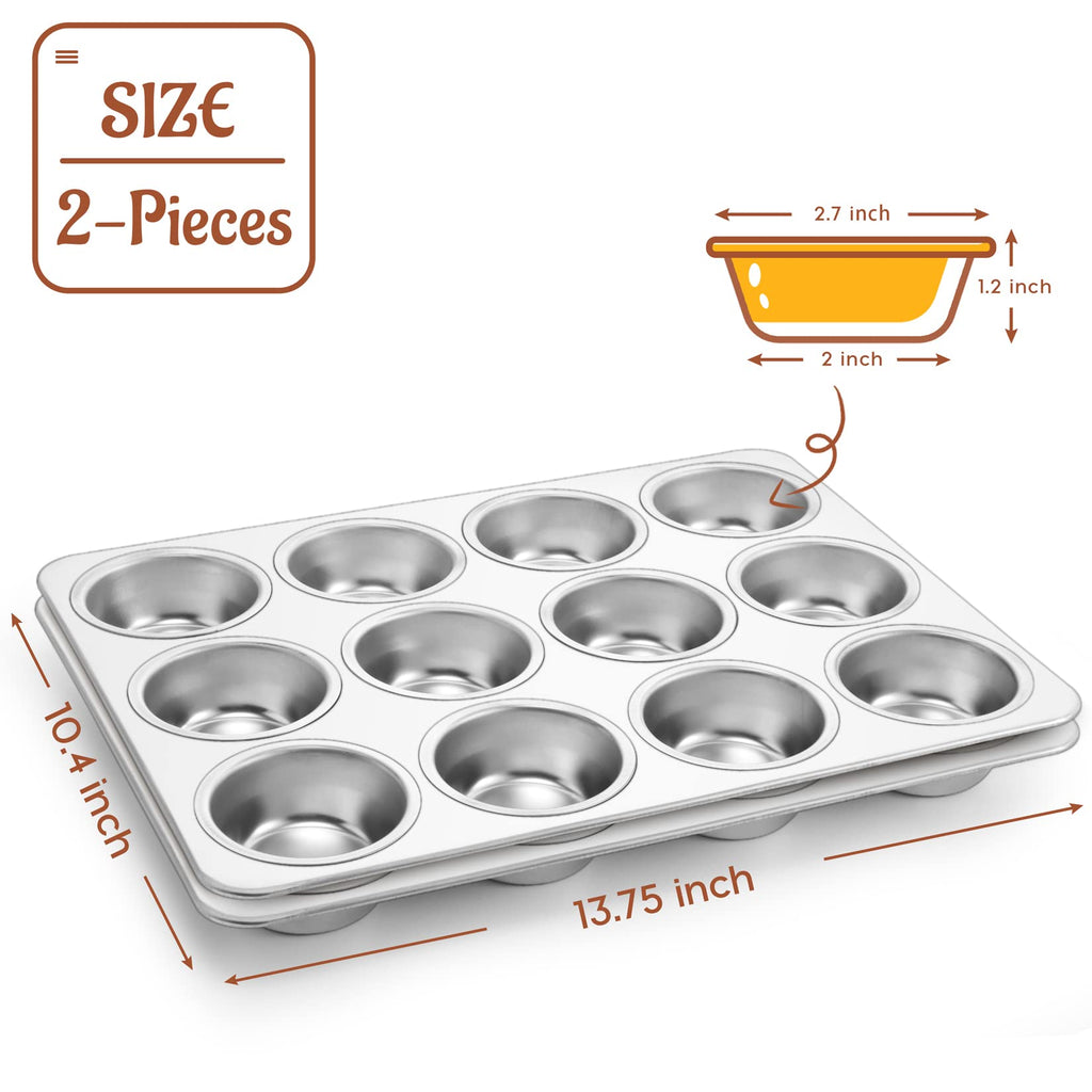 Muffin Pan Cupcake Baking Pan Set of 2, P&P CHEF 12 Cups Muffin Tin Tray, Stainless Steel Muffin Pans for Baking Mini Cake Tart Quiche, Oven & Dishwasher Safe, Non-Toxic & Heavy-Duty