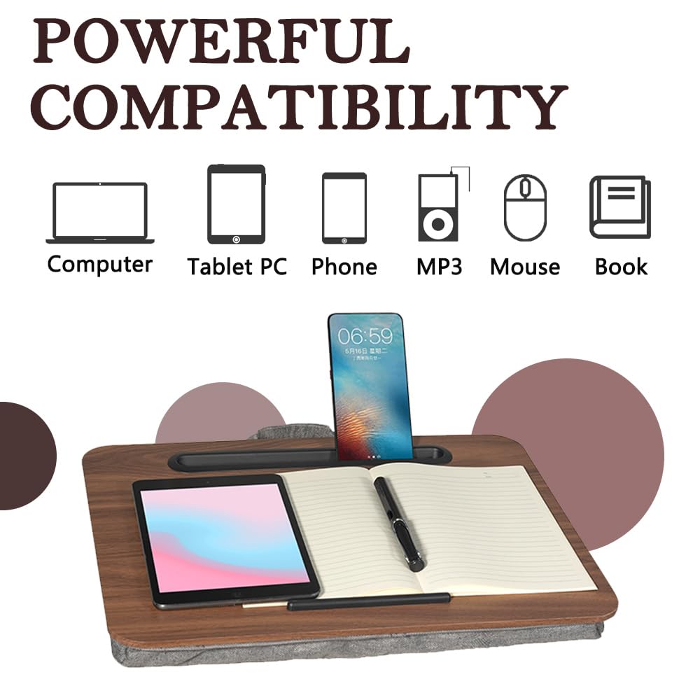 Lap Desk, Portable Laptop Desk Fits Up to 16“ Laptops, with Tablet Slot, Built-in Cushion, Great for Home & Office,Lap Desk for Laptop,Lap Desk with Cushion (Brown, Medium)