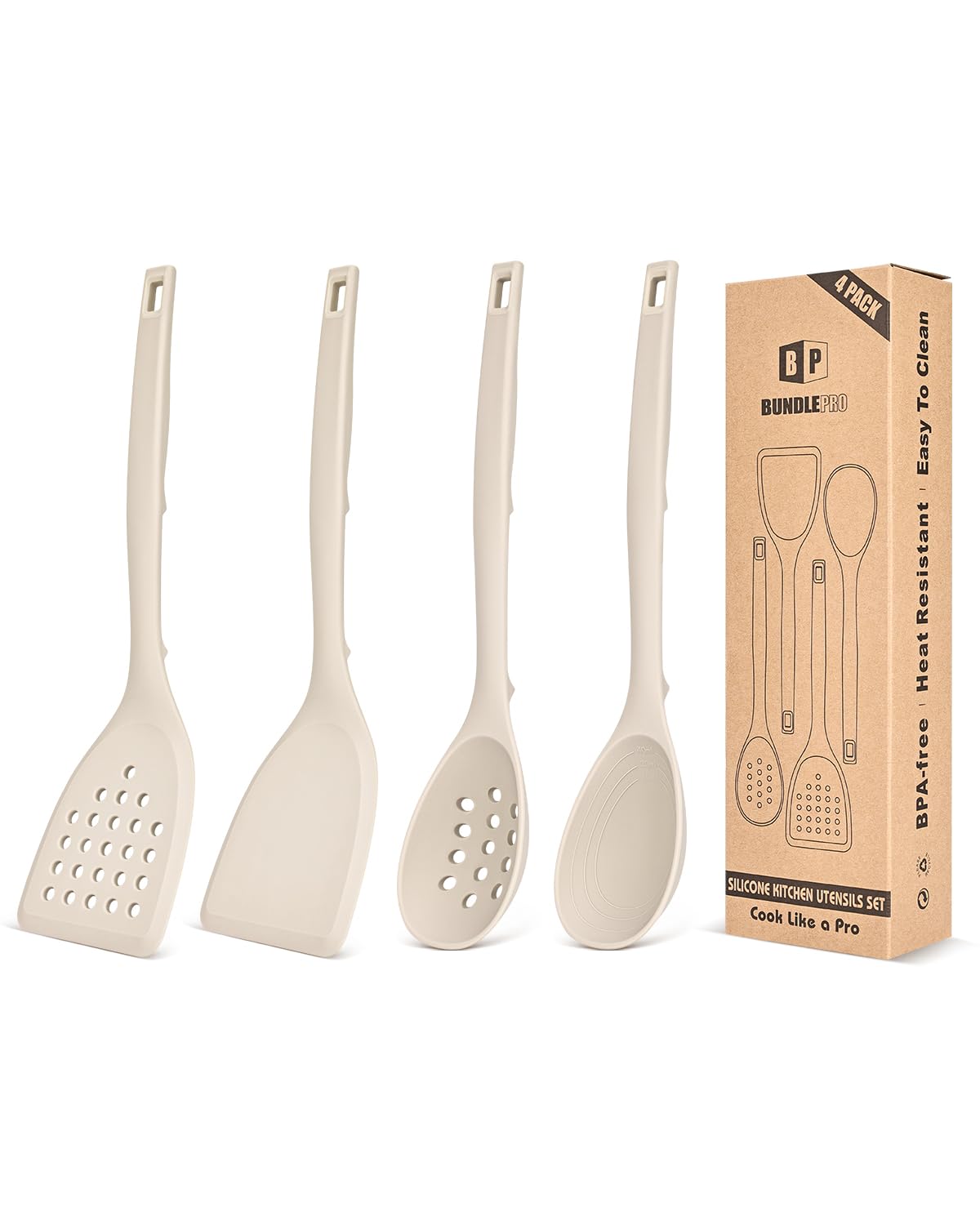 Pack of 4 Silicone Cooking Utensils Set, Non Stick Solid Spatulas and Heat Resistant Slotted Spoons with Back Hooks, Ideal BPA Free Kitchen Utensils Set for Frying,Serving,Turning,Stirring(Khaki)