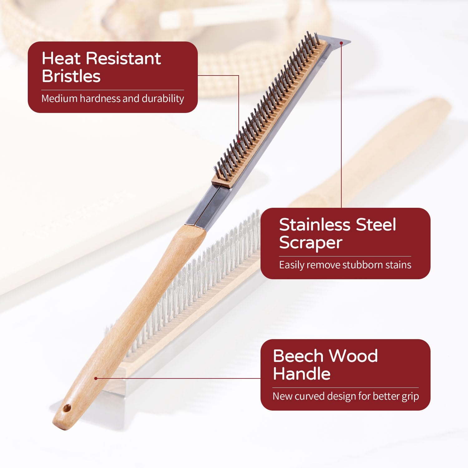ROCKSHEAT Pizza Oven Brush, 20 Inch Grill Cleaning Brush with Scraper, Heat Resistant Stainless Steel Bristles, Beech Wood Handle, 2 in 1 Pizza Stones Brush, Ooni Ourdoor Pizza Oven Accessories