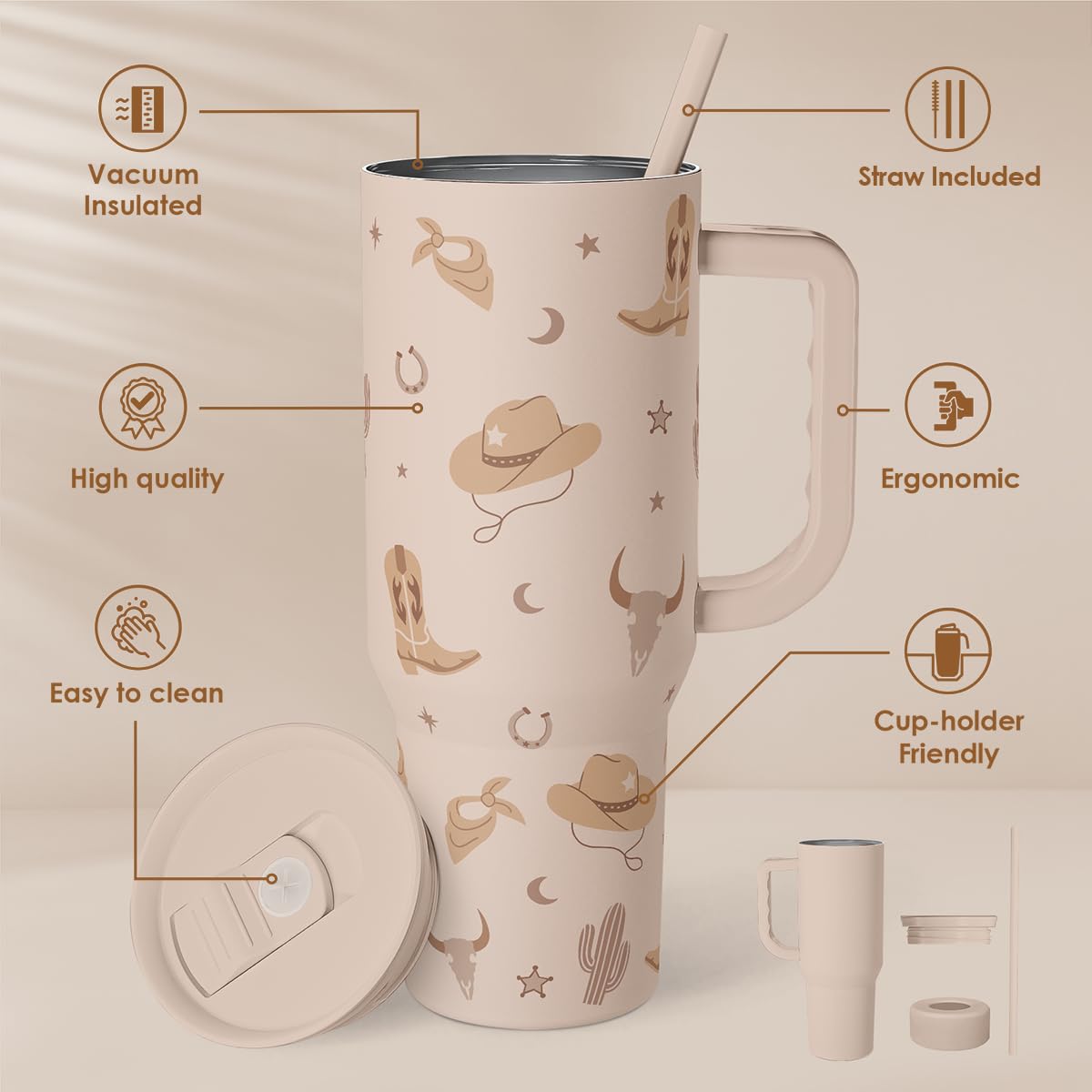 SANDJEST Cowgirl Tumbler 40oz for Women Girls – Stainless Steel Travel Coffee Mug Cup with Handle and Straw, Gift for Birthday Christmas