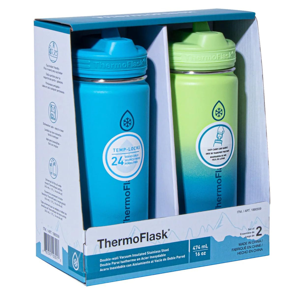 Thermoflask 16 oz Kids Bottle with Straw Lid - Durable & Dishwasher-Safe - Leakproof Design - Reusable for Everyday Use - Retro Blue/Lemonade Stand (2 Pack)