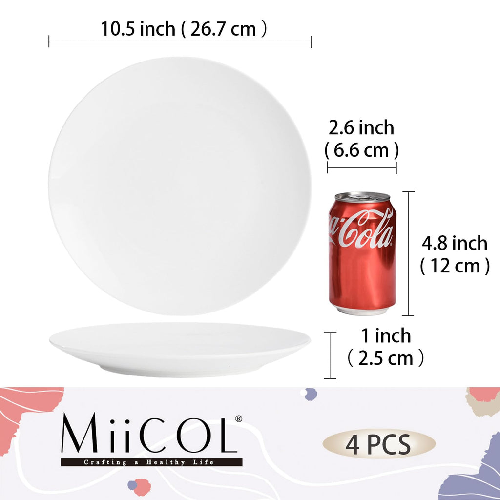 Miicol Ceramic Dinner Plates Set of 4, Large Salad Plate 10.5 inch / 27 cm, White Flat Dish, Porcelain Serving Dishes for Pasta, Steak, Dessert, Microwave and Dishwasher Safe, Scratch Resistant