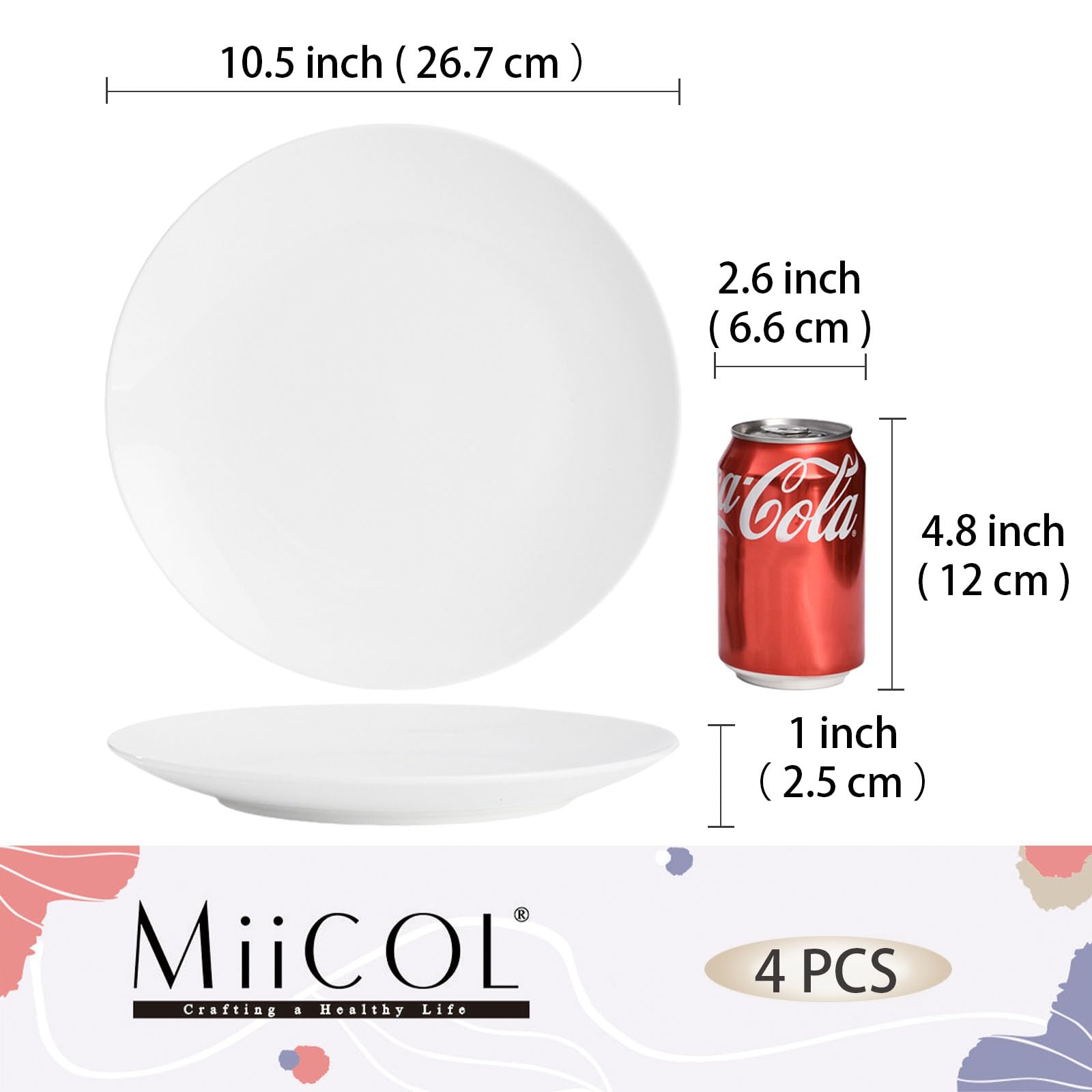 Miicol Ceramic Dinner Plates Set of 4, Large Salad Plate 10.5 inch / 27 cm, White Flat Dish, Porcelain Serving Dishes for Pasta, Steak, Dessert, Microwave and Dishwasher Safe, Scratch Resistant