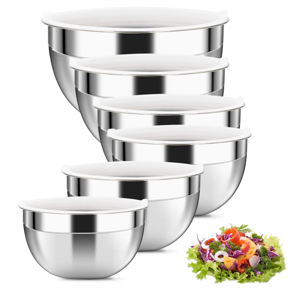 Luvan 18/10 304 Stainless Steel Mixing Bowl,Set of 6(1,1.5,1.9,2.6,3.4,4.2QT),with Airtight Lids,Nesting Bowls for Space Saving Storage,Dishwasher Safe, Great for Mixing,Baking, Prepping