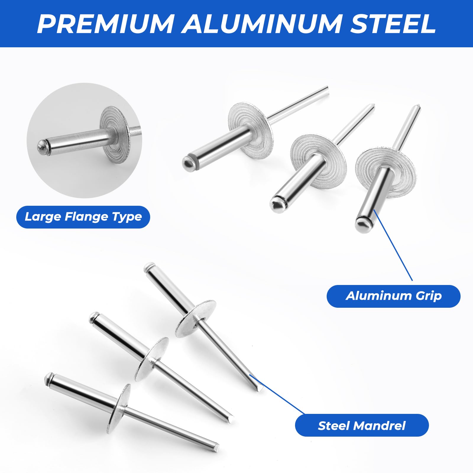 Besitu 210Pcs Pop Rivets Assortment Kit, 1/8" 3/16" 1/4" Large Flange Solid Rivets Set Aluminum Grip Stainless Steel Mandrel Blind Rivets for Metal Heavy Duty