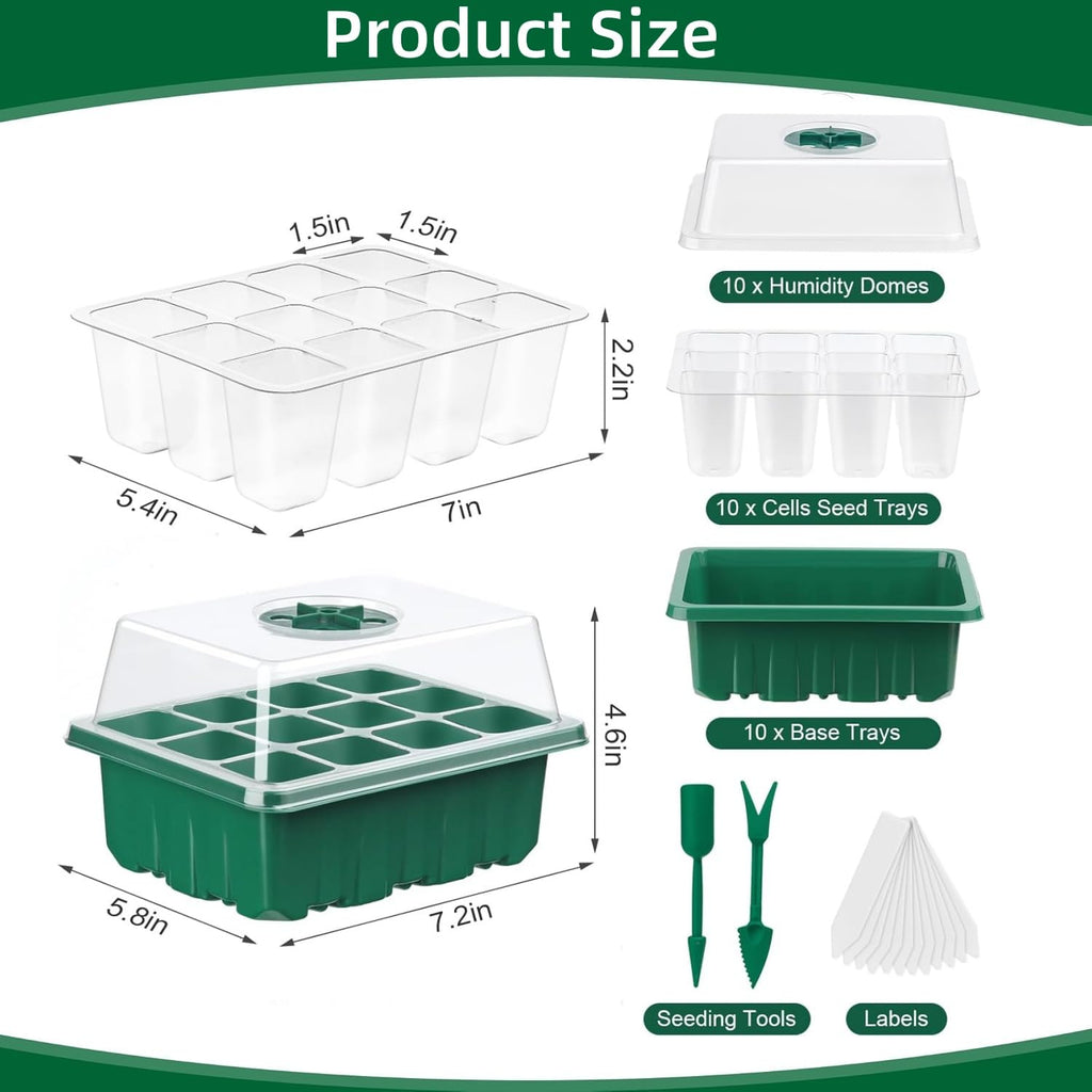 10 Pack Seed Starter Tray Seedling Kits, Plant Starter Kit with Adjustable Humidity Dome and Base, Indoor Greenhouse Mini Propagator for Seeds Growing Starting (120 Total Cells, Green)