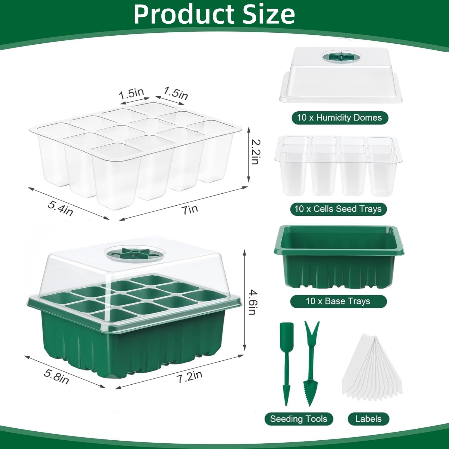 10 Pack Seed Starter Tray Seedling Kits, Plant Starter Kit with Adjustable Humidity Dome and Base, Indoor Greenhouse Mini Propagator for Seeds Growing Starting (120 Total Cells, Green)