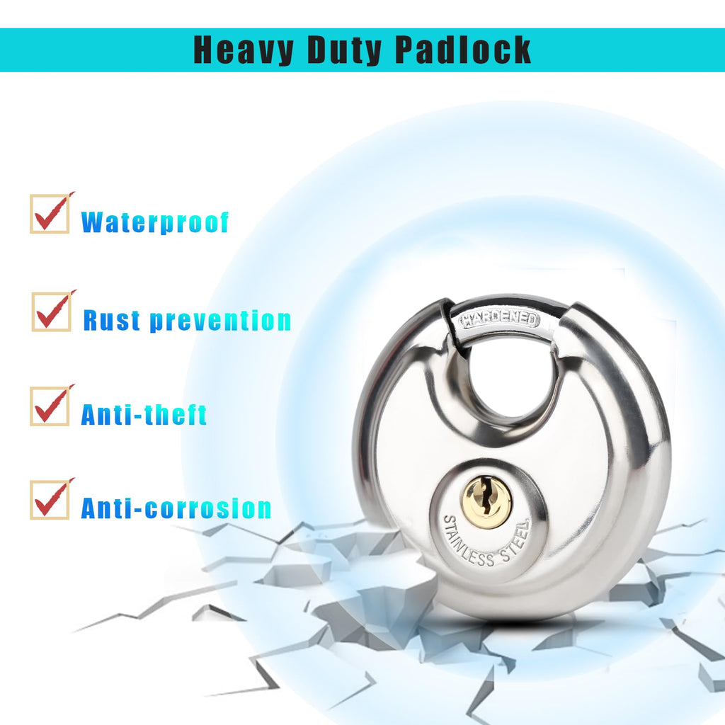 2Pack Padlocks Keyed Alike, 2-3/4"(70mm) Disc Locks for Storage Unit, Stainless Steel Locks with 4 Keys, Outdoor Waterproof Storage Lock for Storage Locker, Shed, Gate, Fence, Warehouse