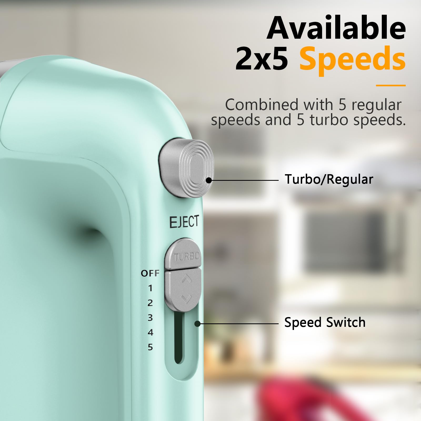 Hand Mixer Electric, 450W Kitchen Mixers with Scale Cup Storage Case, Turbo Boost/Self-Control Speed + 5 Speed + Eject Button + 5 Stainless Steel Accessories, For Easy Whipping Dough,Cream,Cake, Green