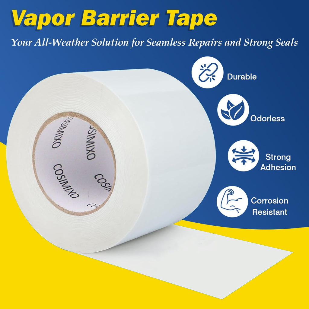 COSIMIXO 1Pack Vapor Barrier Tape, 3in x 180ft, Heavy Duty White Polyethylene Seam Tape,for Stucco, Crawlspaces, Repair, Underlayment Seams, Metal Building Seams,Waterproof