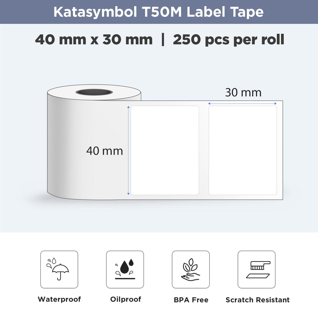 SUPVAN T50M Series Label Maker Tape, 2 Rolls 40mm x 30mm 250 Labels/Roll Genuine Laminated Thermal Label Tape Refill, Waterproof Oilproof Highly Adhesive Auto Detect Labels, Black on White